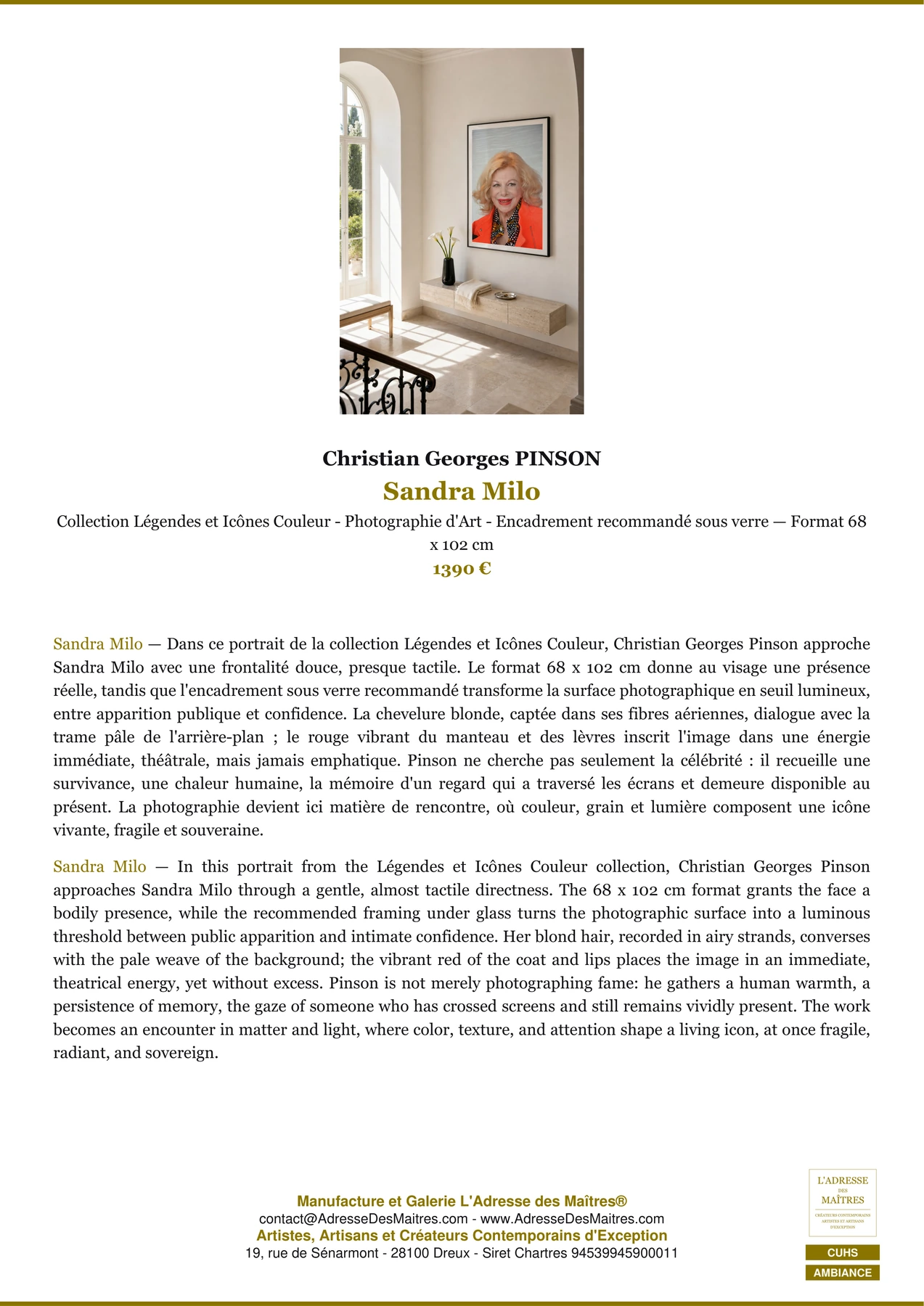 Fiche Premium Ambiance - Sandra Milo - Christian Georges PINSON - L'Adresse des Maîtres®