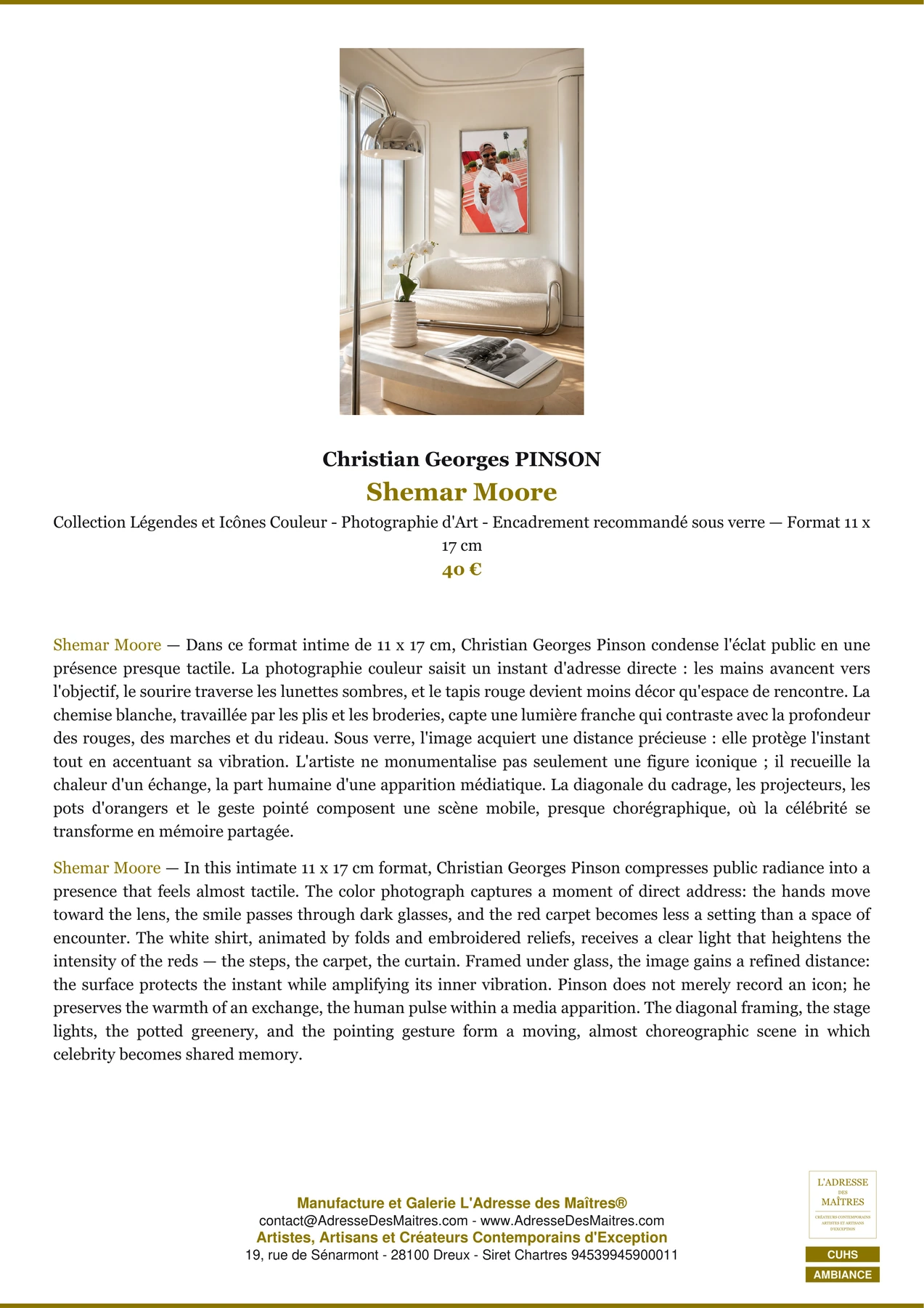 Fiche Premium Ambiance - Shemar Moore - Christian Georges PINSON - L'Adresse des Maîtres®