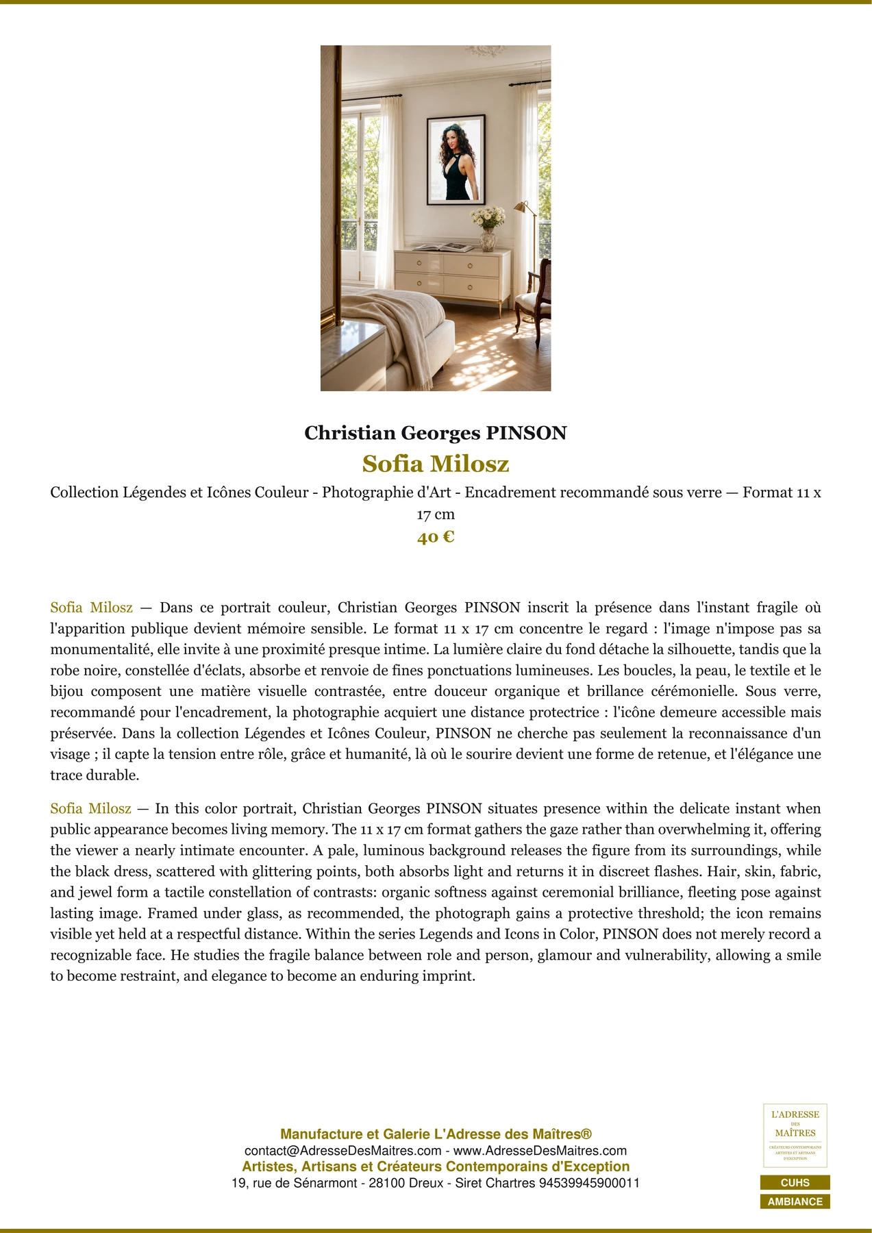 Fiche Premium Ambiance - Sofia Milosz - Christian Georges PINSON - L'Adresse des Maîtres®