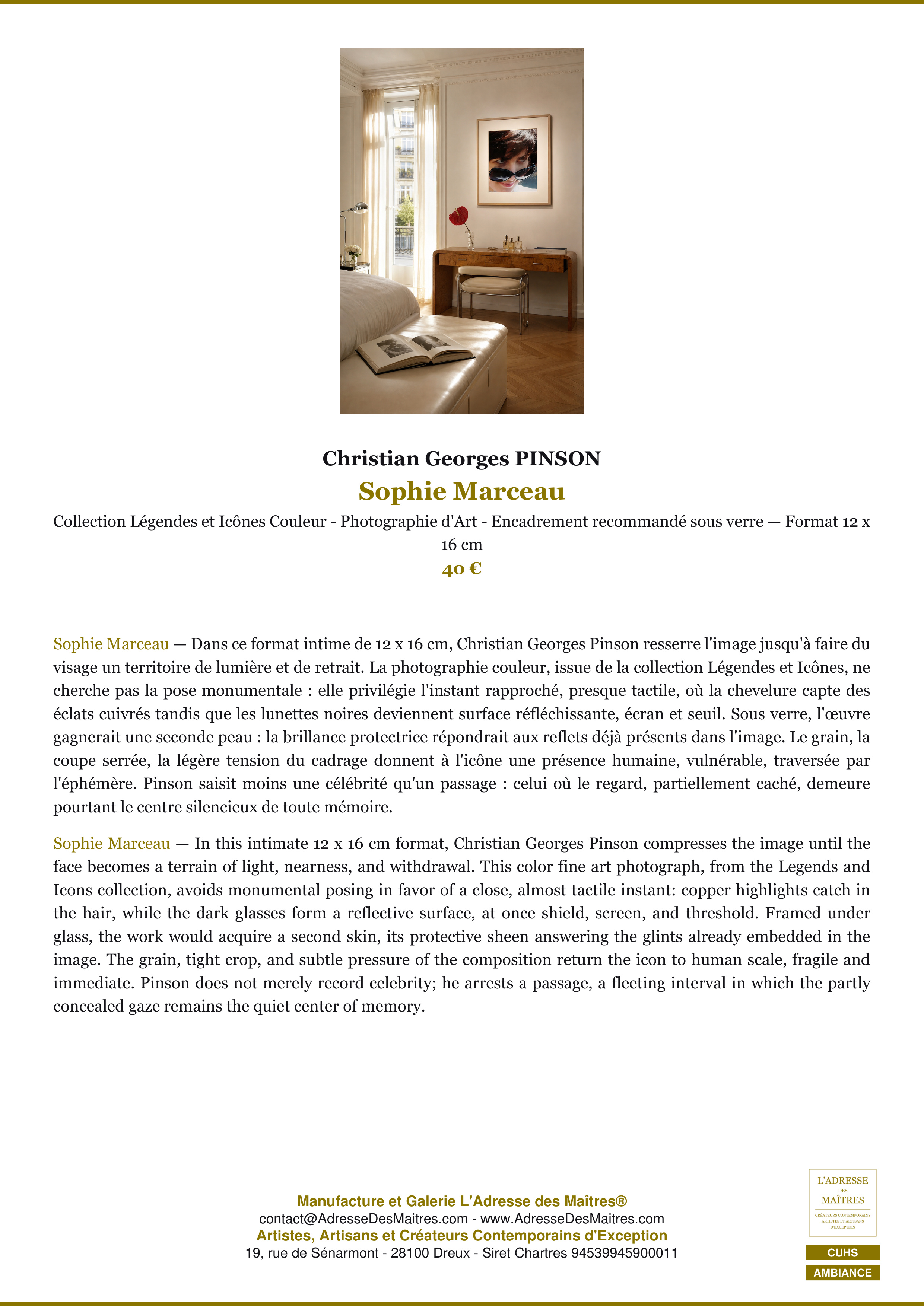 Fiche Premium Ambiance — Sophie Marceau — Christian Georges PINSON — L'Adresse des Maîtres®