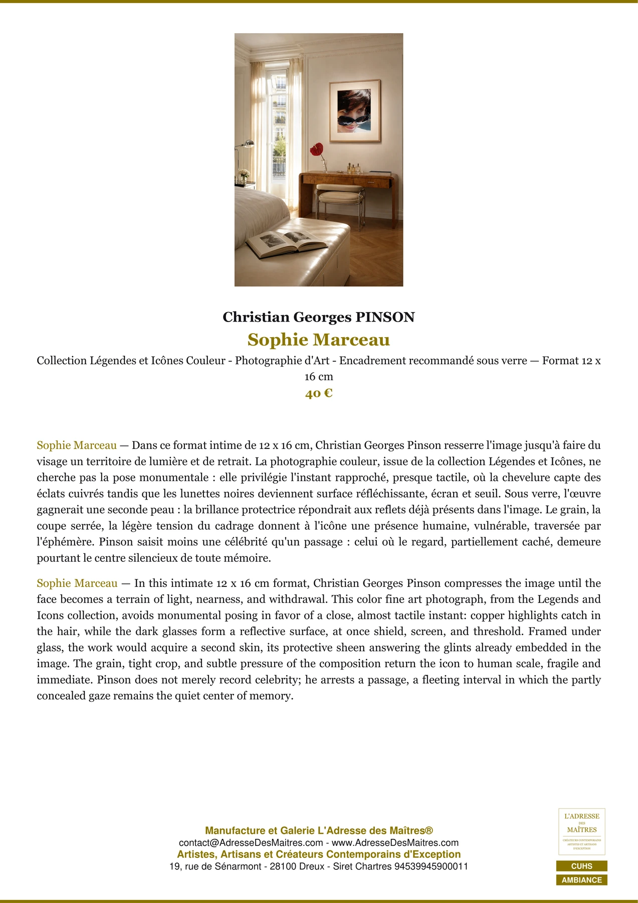 Fiche Premium Ambiance - Sophie Marceau - Christian Georges PINSON - L'Adresse des Maîtres®