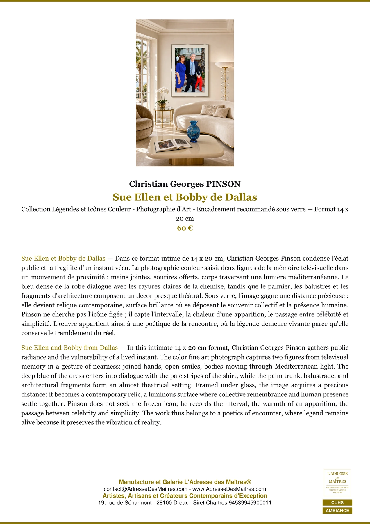Fiche Premium Ambiance - Sue Ellen et Bobby de Dallas - Christian Georges PINSON - L'Adresse des Maîtres®