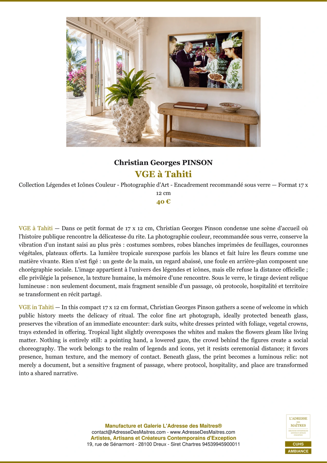 Fiche Premium Ambiance - VGE à Tahiti - Christian Georges PINSON - L'Adresse des Maîtres®