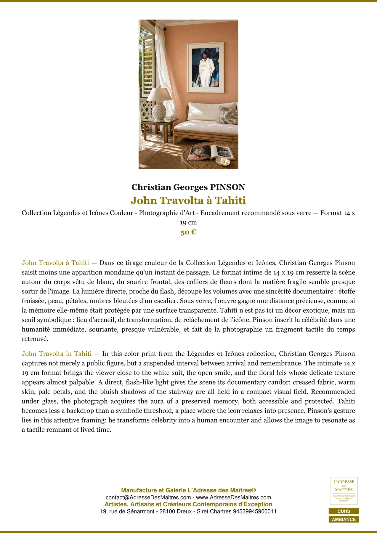 Fiche Premium Ambiance - John Travolta à Tahiti - Christian Georges PINSON - L'Adresse des Maîtres®