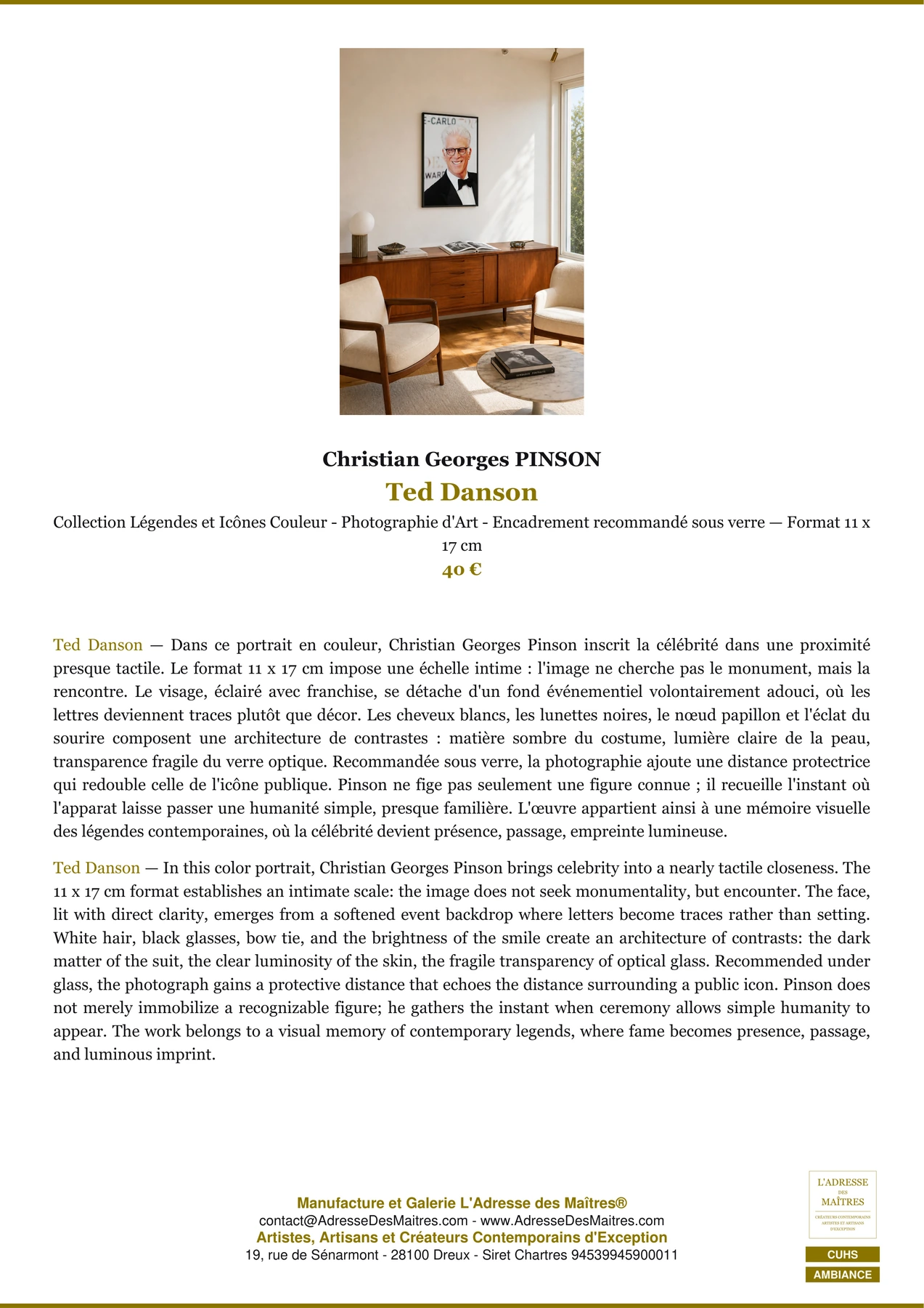 Fiche Premium Ambiance - Ted Danson - Christian Georges PINSON - L'Adresse des Maîtres®