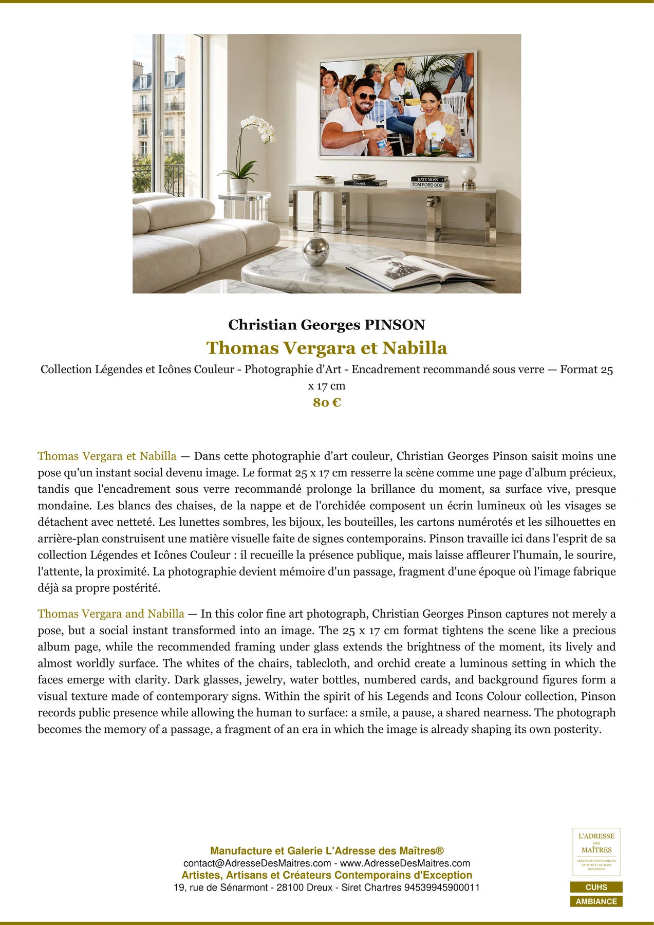 Fiche Premium Ambiance - Thomas Vergara et Nabilla - Christian Georges PINSON - L'Adresse des Maîtres®