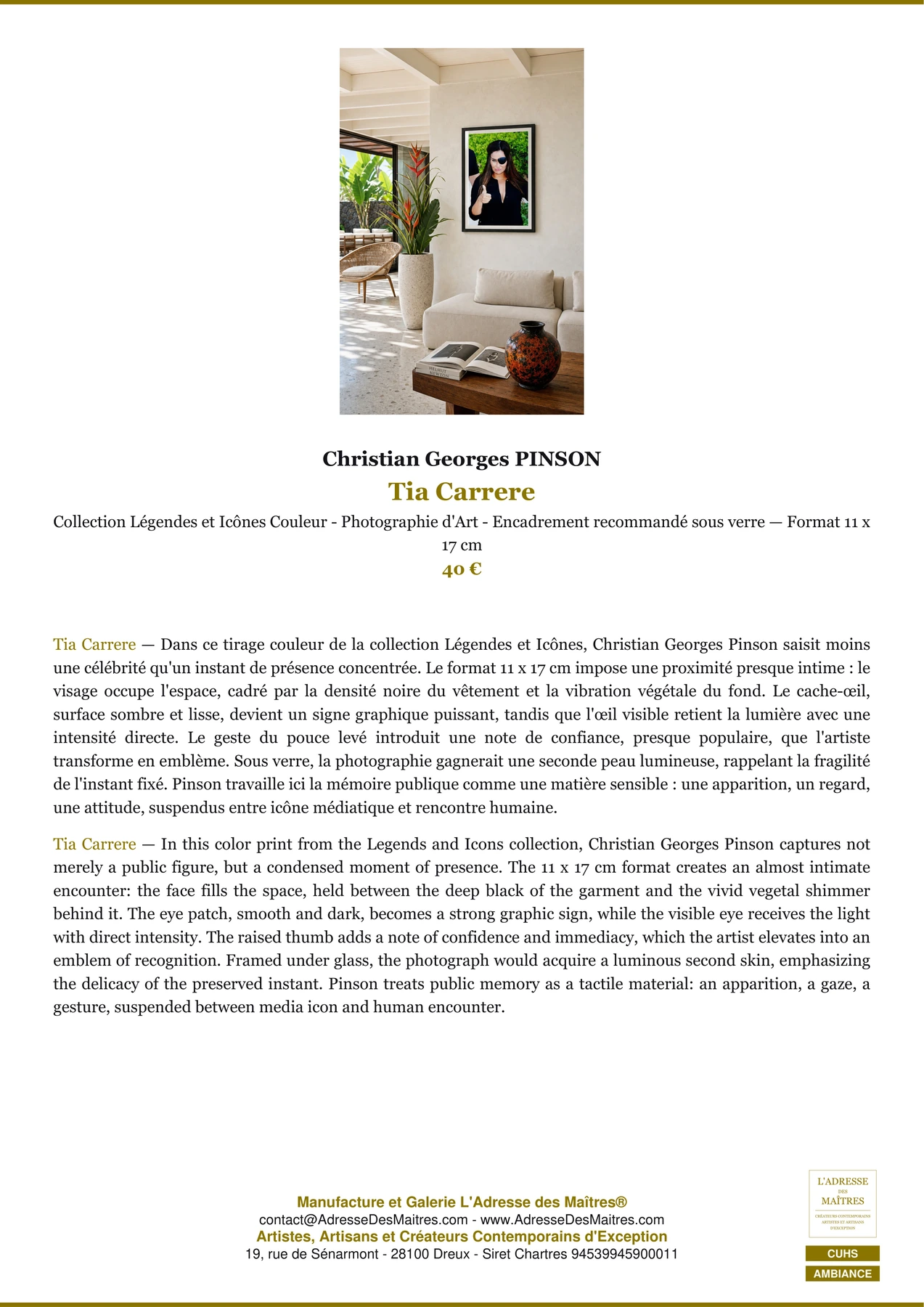 Fiche Premium Ambiance - Tia Carrere - Christian Georges PINSON - L'Adresse des Maîtres®