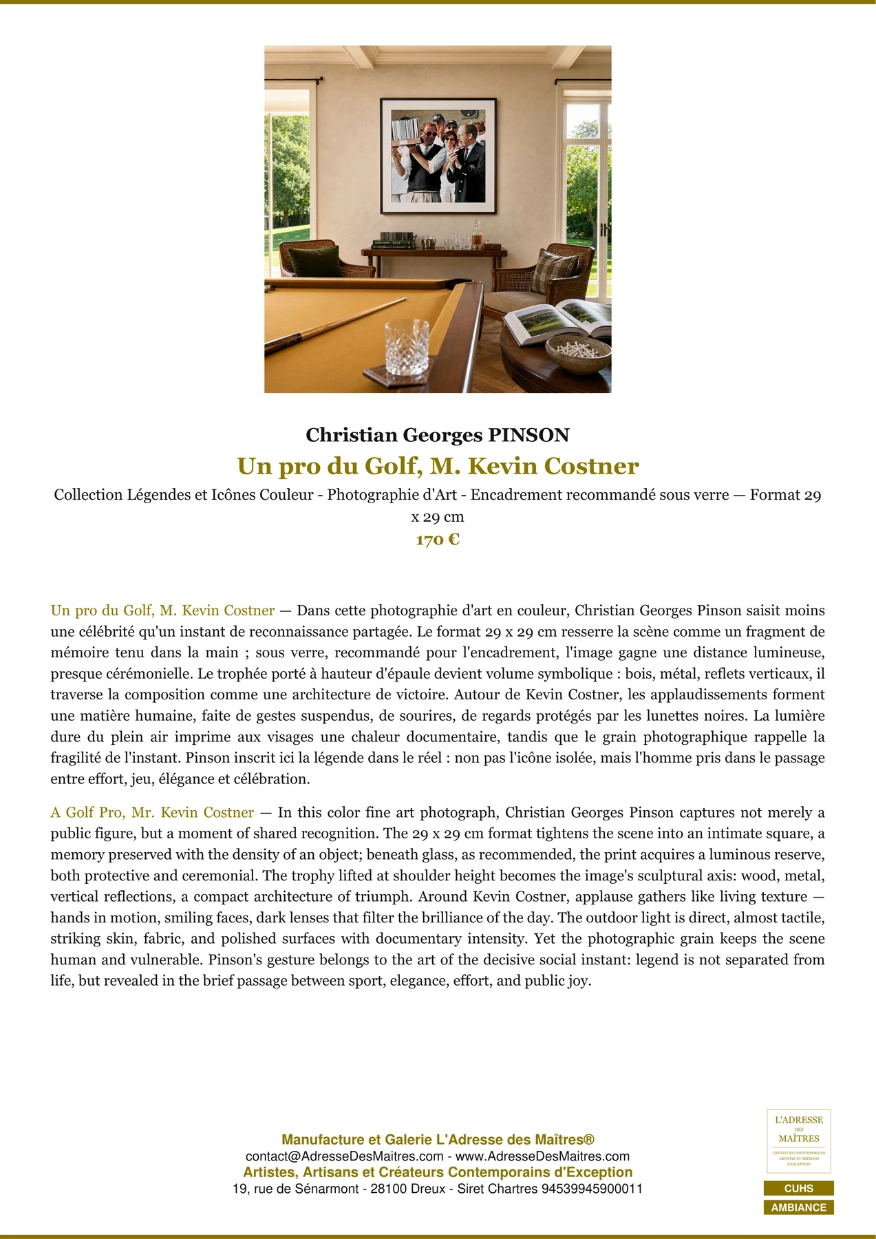 Fiche Premium Ambiance - Un pro du Golf, M. Kevin Costner - Christian Georges PINSON - L'Adresse des Maîtres®