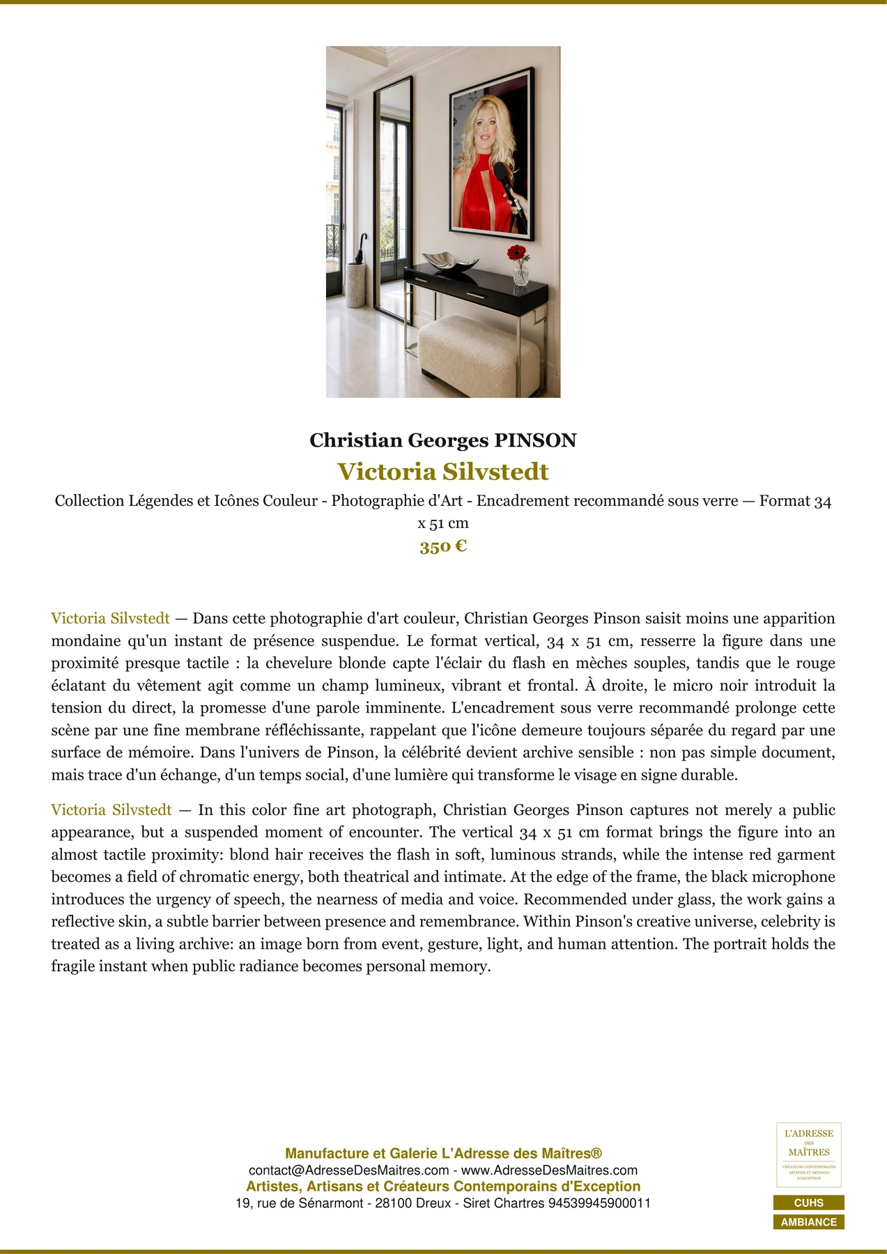 Fiche Premium Ambiance - Victoria Silvstedt - Christian Georges PINSON - L'Adresse des Maîtres®