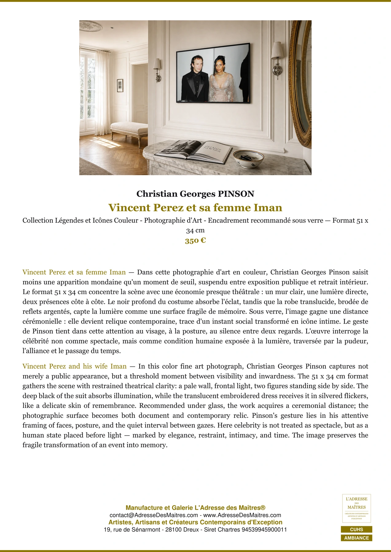 Fiche Premium Ambiance - Vincent Perez et sa femme Iman - Christian Georges PINSON - L'Adresse des Maîtres®