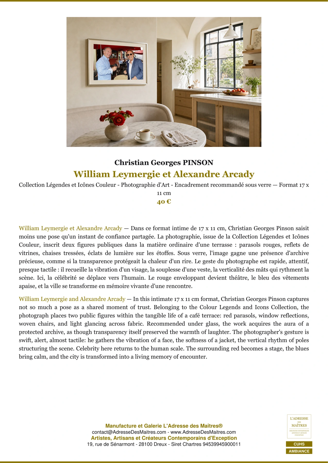 Fiche Premium Ambiance - William Leymergie et Alexandre Arcady - Christian Georges PINSON - L'Adresse des Maîtres®