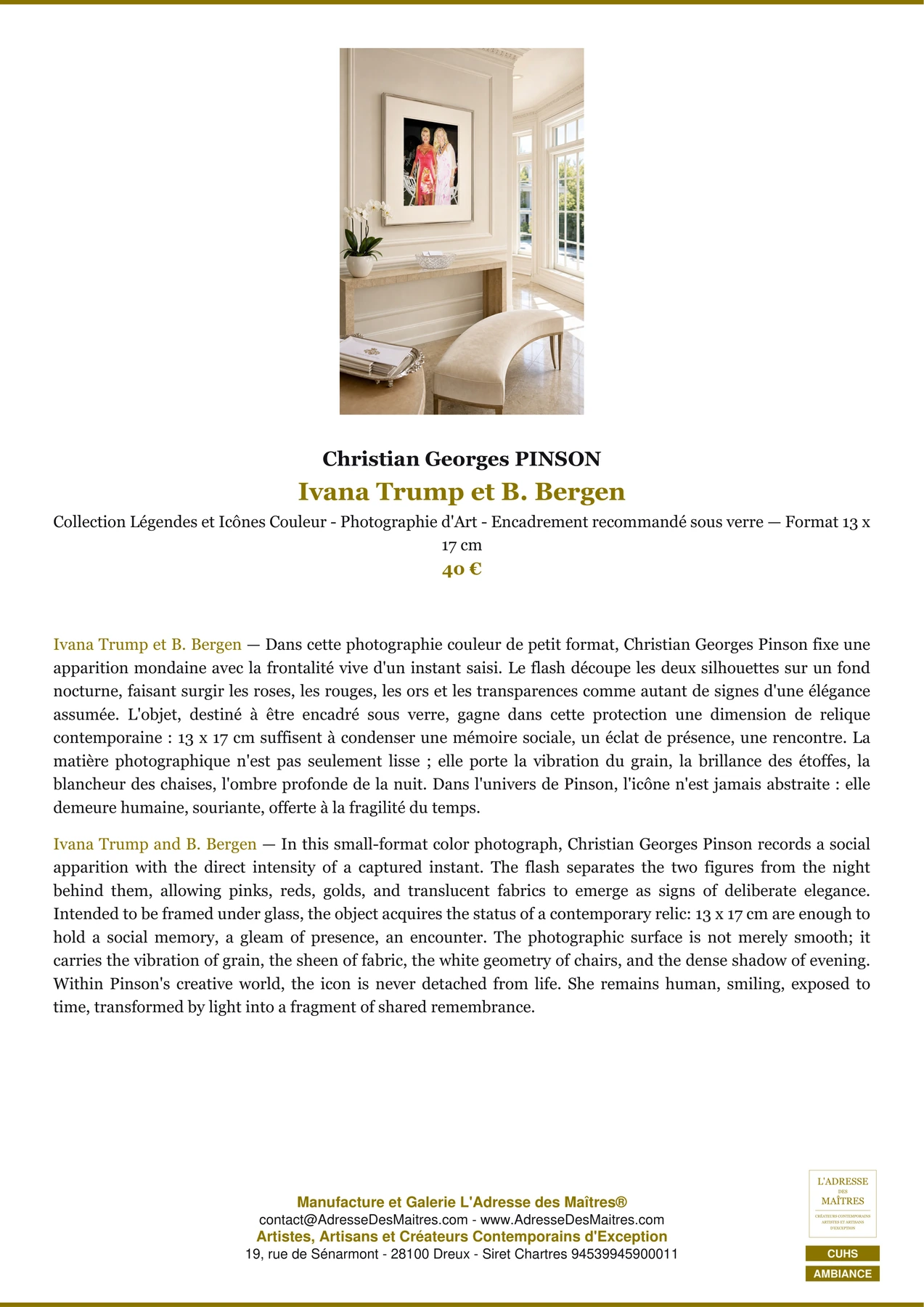 Fiche Premium Ambiance - Ivana Trump et B. Bergen - Christian Georges PINSON - L'Adresse des Maîtres®