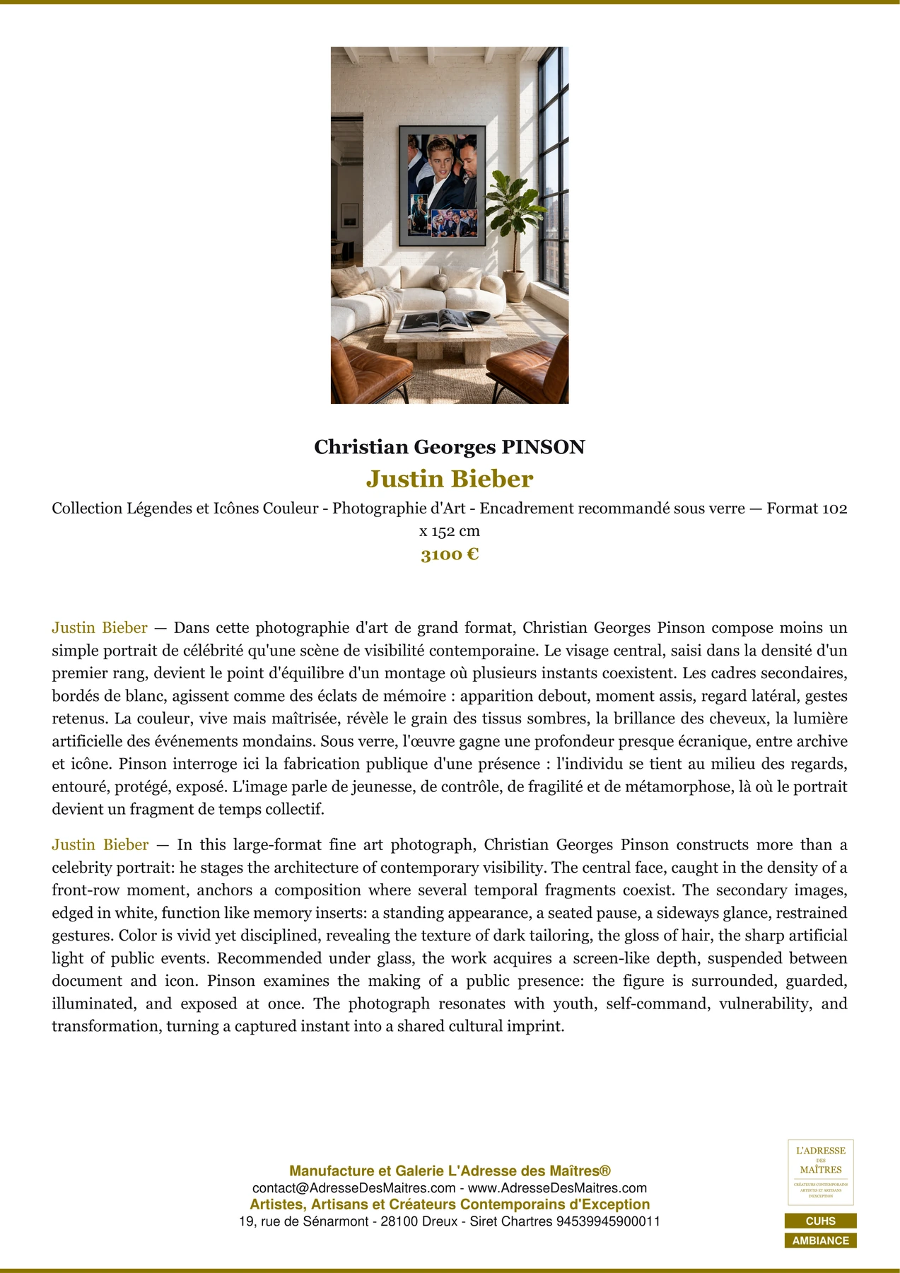 Fiche Premium Ambiance - Justin Bieber - Christian Georges PINSON - L'Adresse des Maîtres®