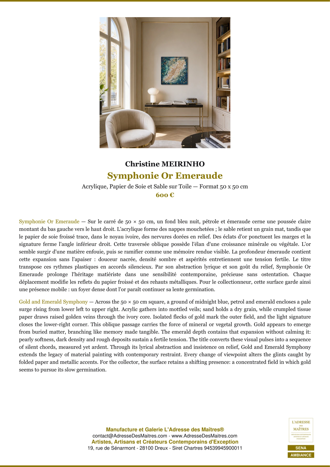 Fiche Premium Ambiance — Symphonie Or Emeraude — Christine MEIRINHO — L'Adresse des Maîtres®