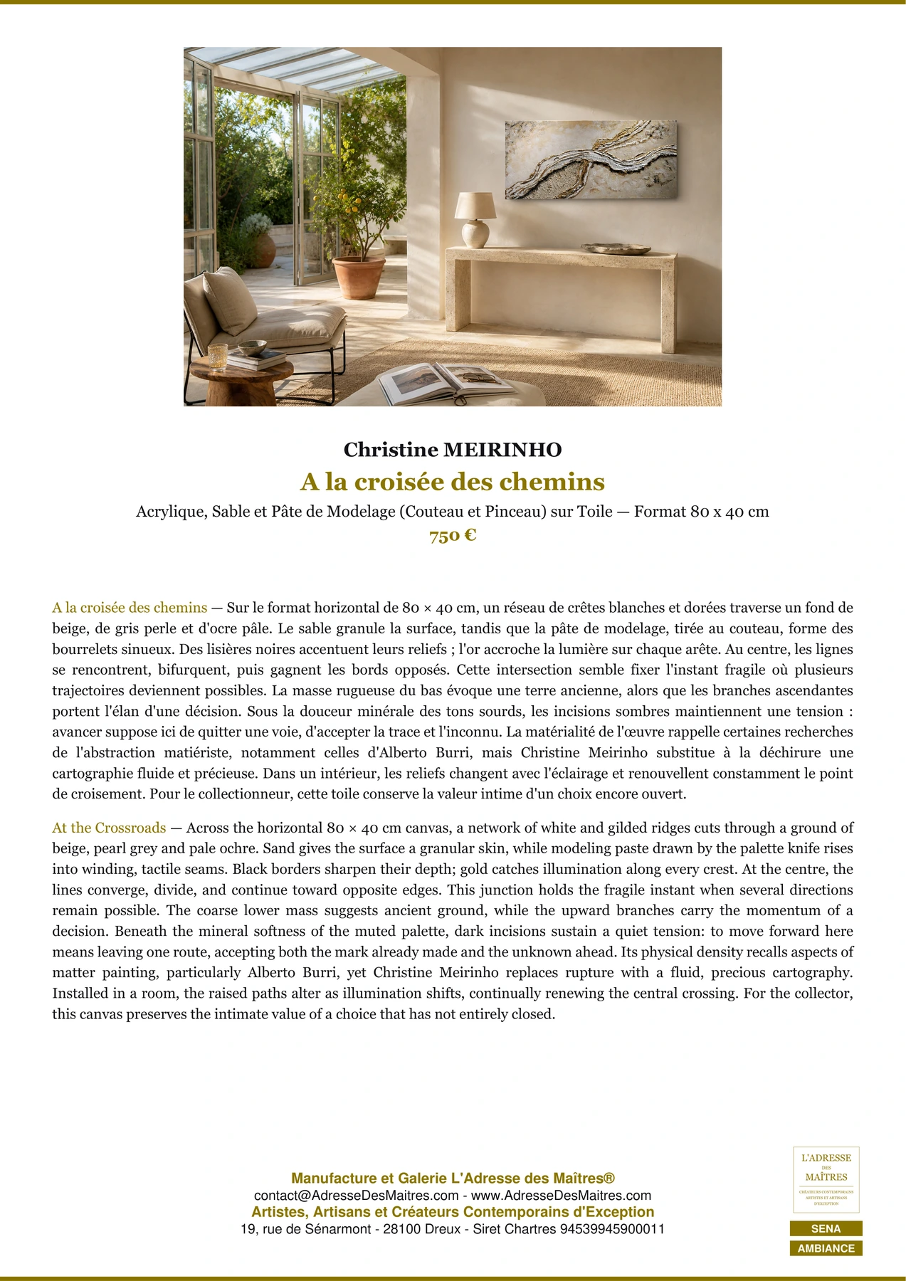 Fiche Premium Ambiance — A la croisée des chemins — Christine MEIRINHO — L'Adresse des Maîtres®