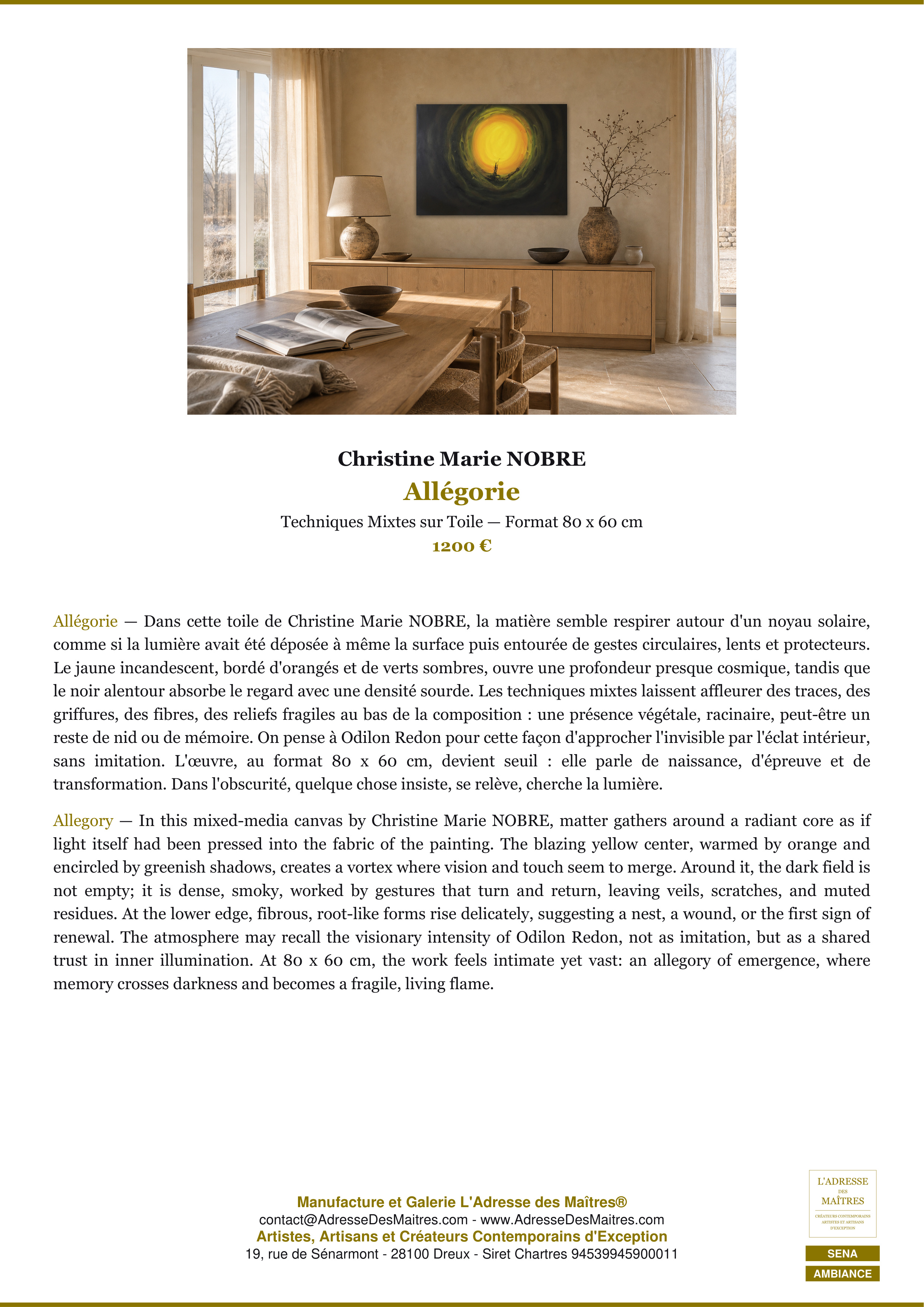 Fiche Premium Ambiance — Allégorie — Christine Marie NOBRE — L'Adresse des Maîtres®