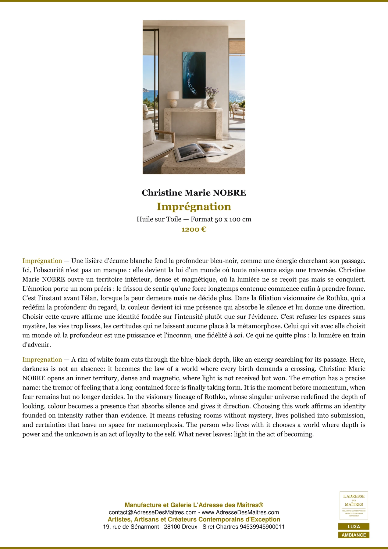 Fiche Premium Ambiance - Imprégnation - Christine Marie NOBRE - L'Adresse des Maîtres®