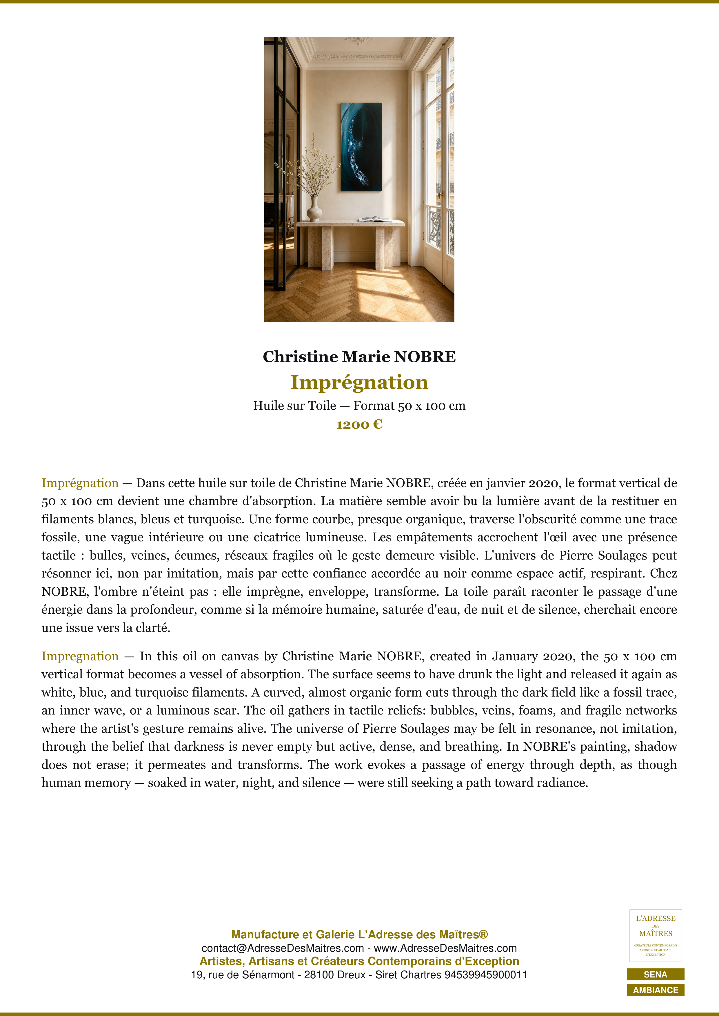 Fiche Premium Ambiance — Imprégnation — Christine Marie NOBRE — L'Adresse des Maîtres®