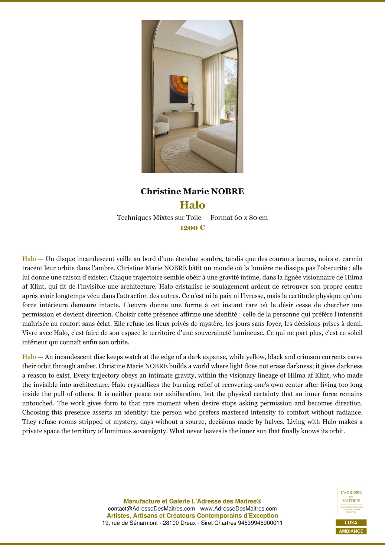 Fiche Premium Ambiance - Halo - Christine Marie NOBRE - L'Adresse des Maîtres®