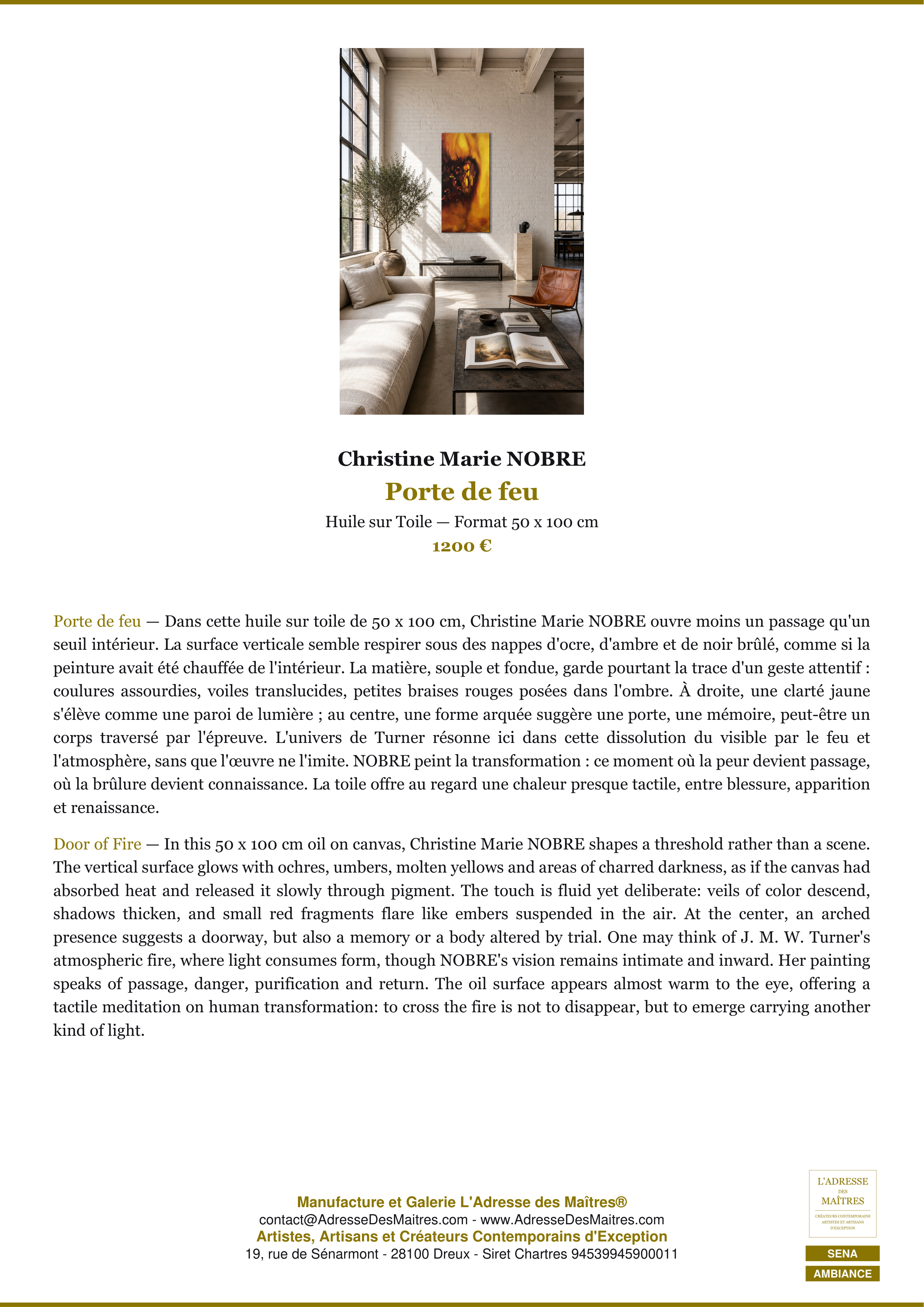 Fiche Premium Ambiance — Porte de feu — Christine Marie NOBRE — L'Adresse des Maîtres®