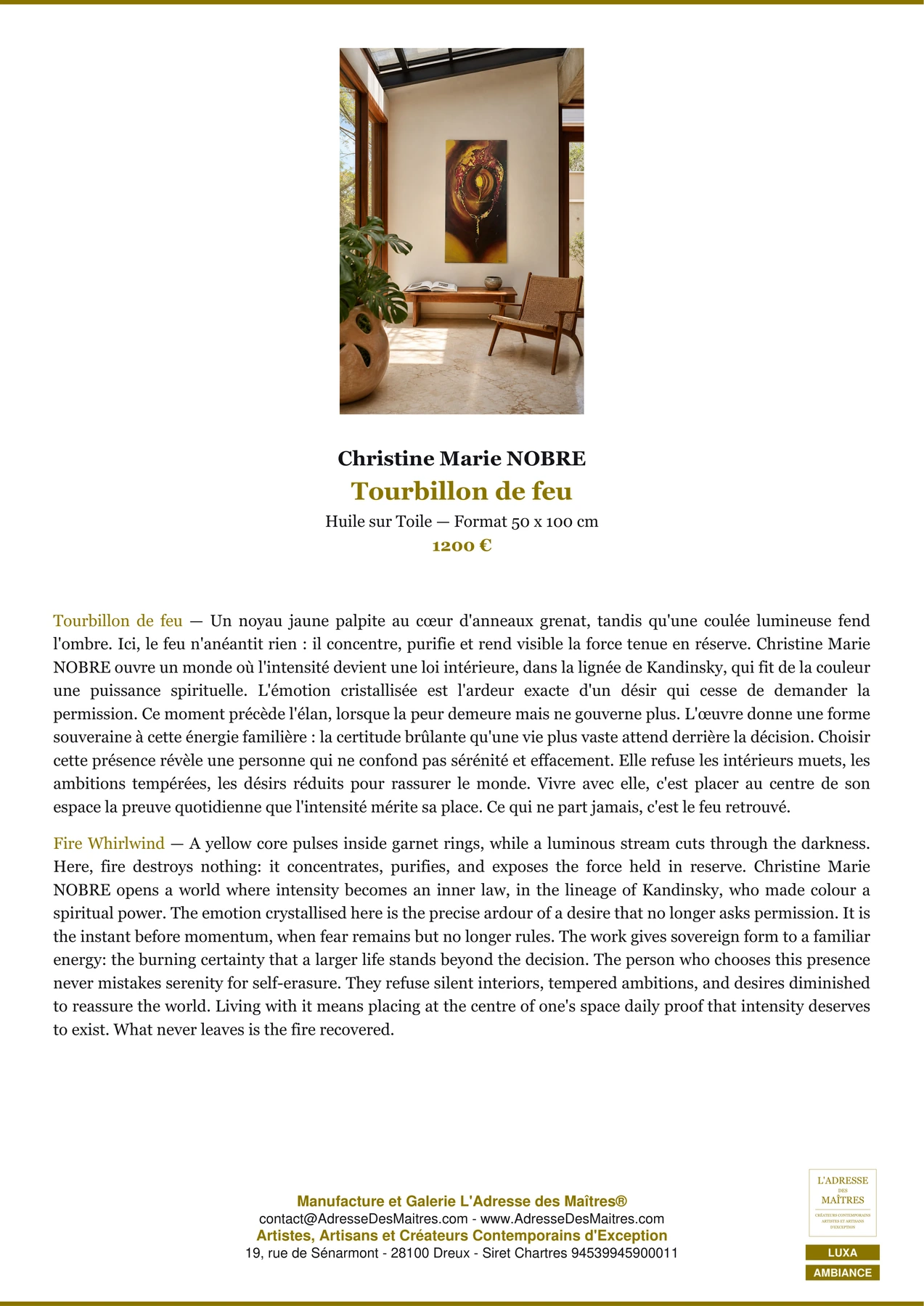 Fiche Premium Ambiance - Tourbillon de feu - Christine Marie NOBRE - L'Adresse des Maîtres®