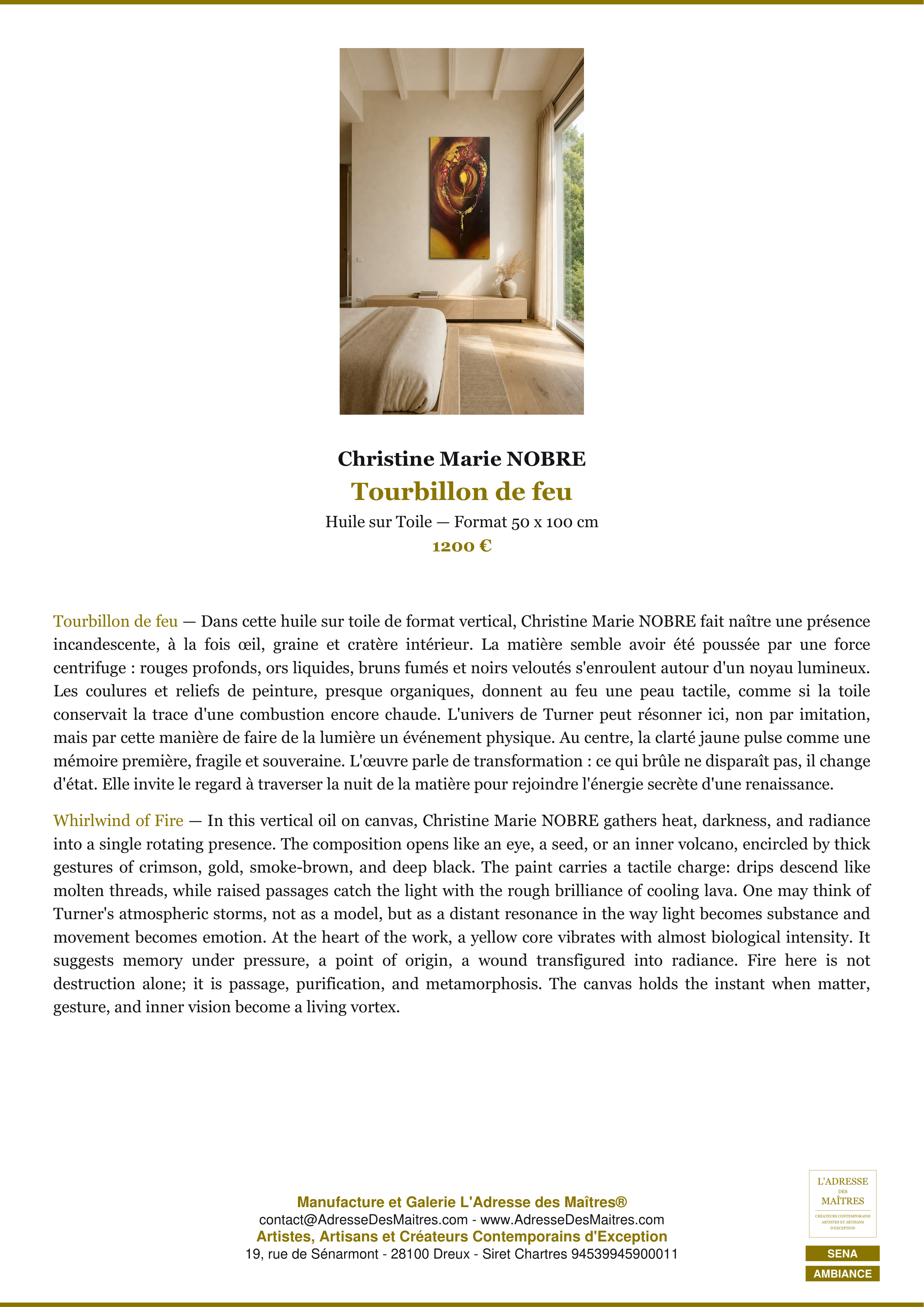 Fiche Premium Ambiance — Tourbillon de feu — Christine Marie NOBRE — L'Adresse des Maîtres®