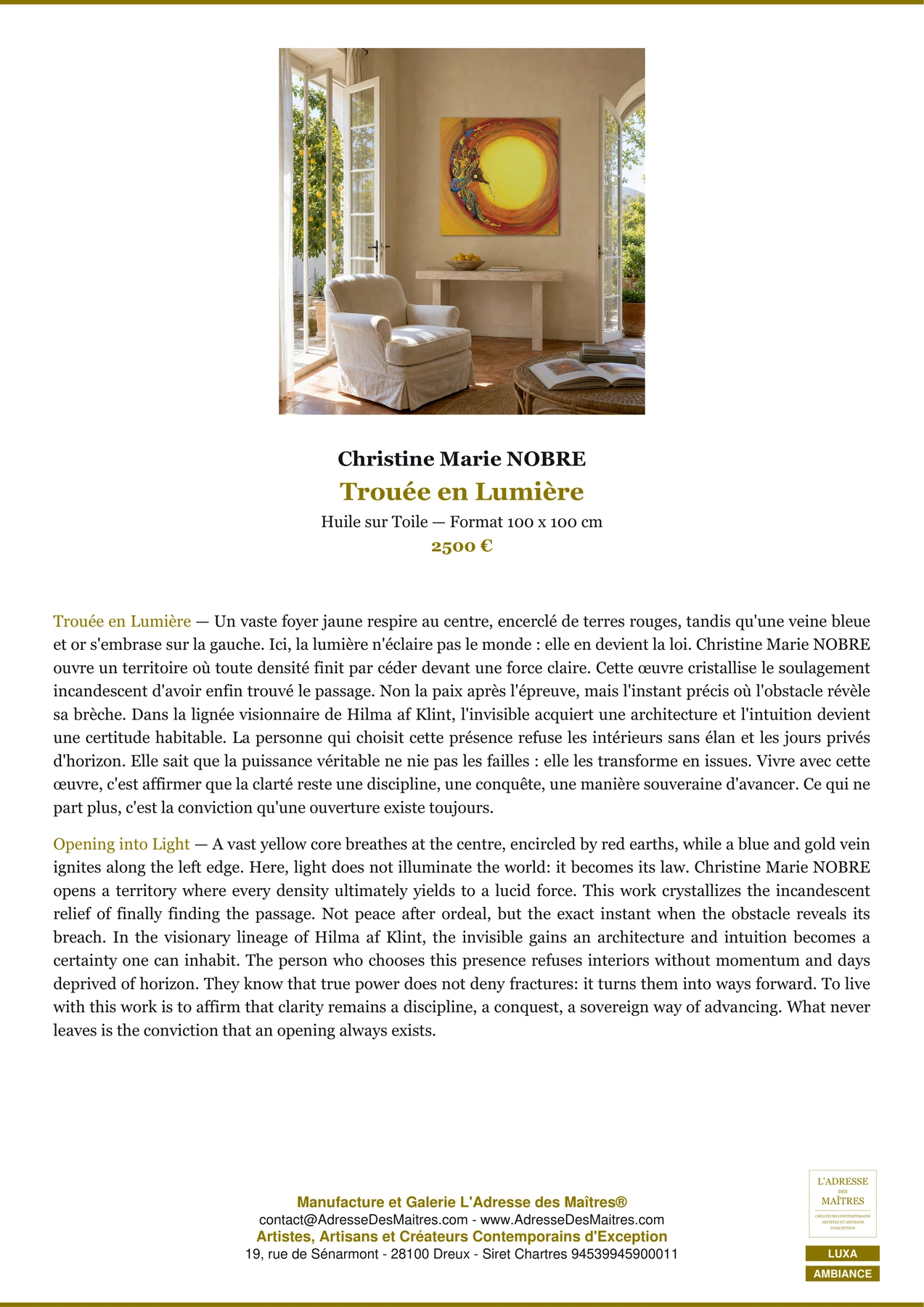 Fiche Premium Ambiance - Trouée en Lumière - Christine Marie NOBRE - L'Adresse des Maîtres®