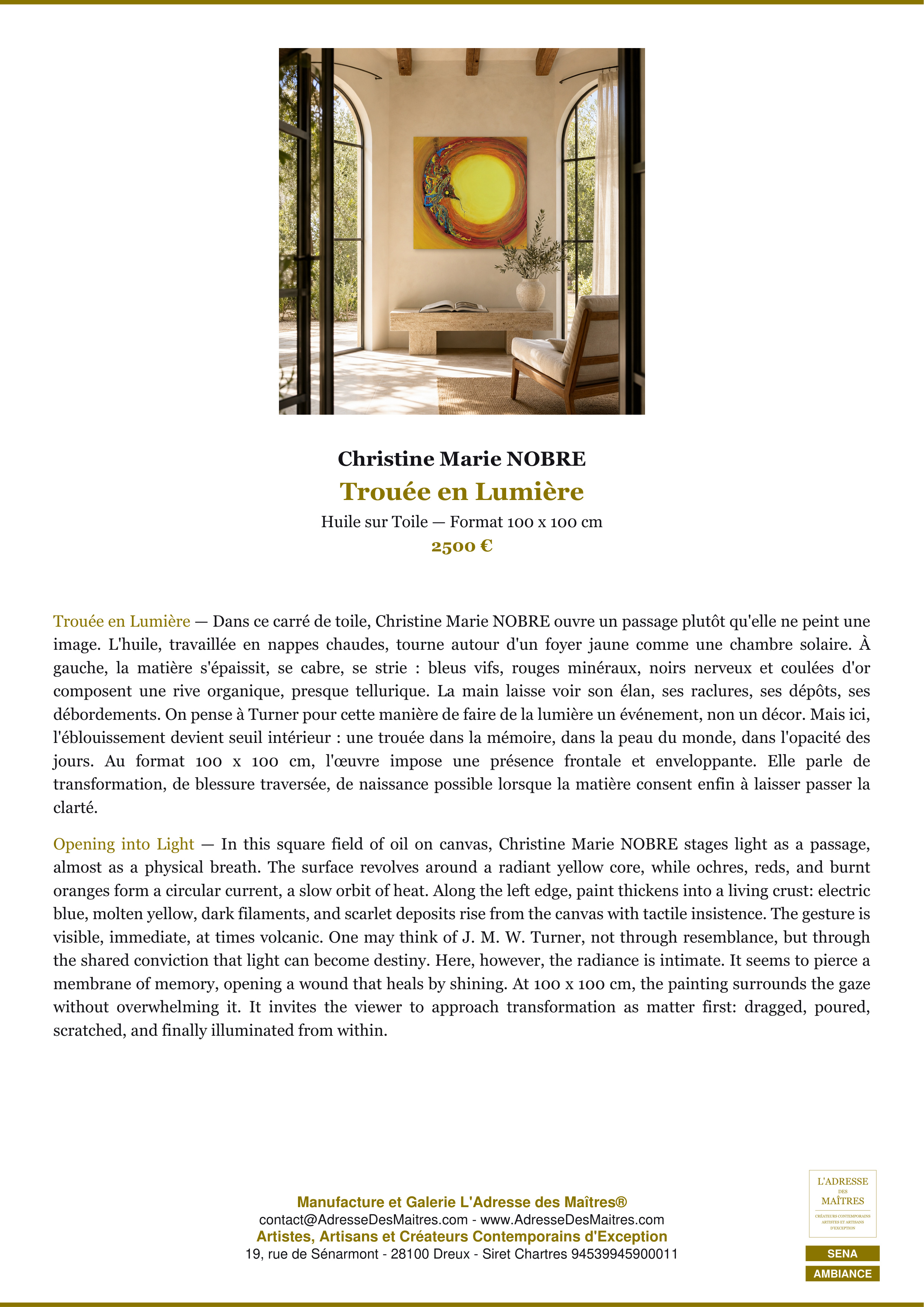 Fiche Premium Ambiance — Trouée en Lumière — Christine Marie NOBRE — L'Adresse des Maîtres®