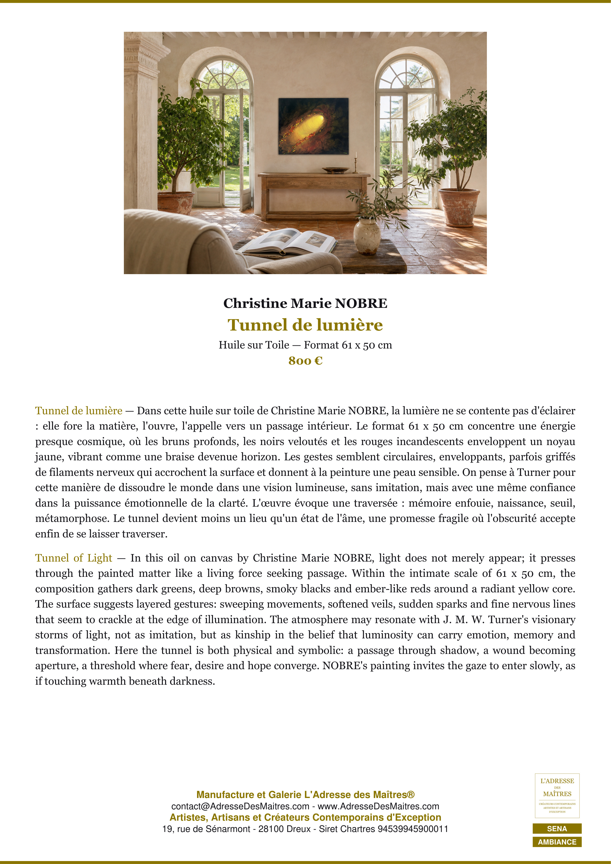 Fiche Premium Ambiance — Tunnel de lumière — Christine Marie NOBRE — L'Adresse des Maîtres®
