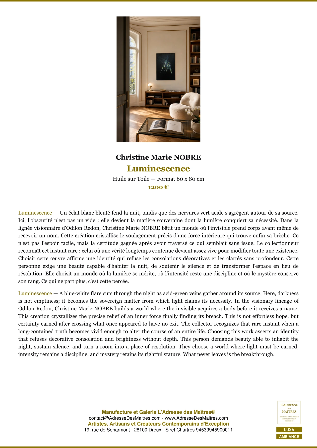 Fiche Premium Ambiance - Luminescence - Christine Marie NOBRE - L'Adresse des Maîtres®