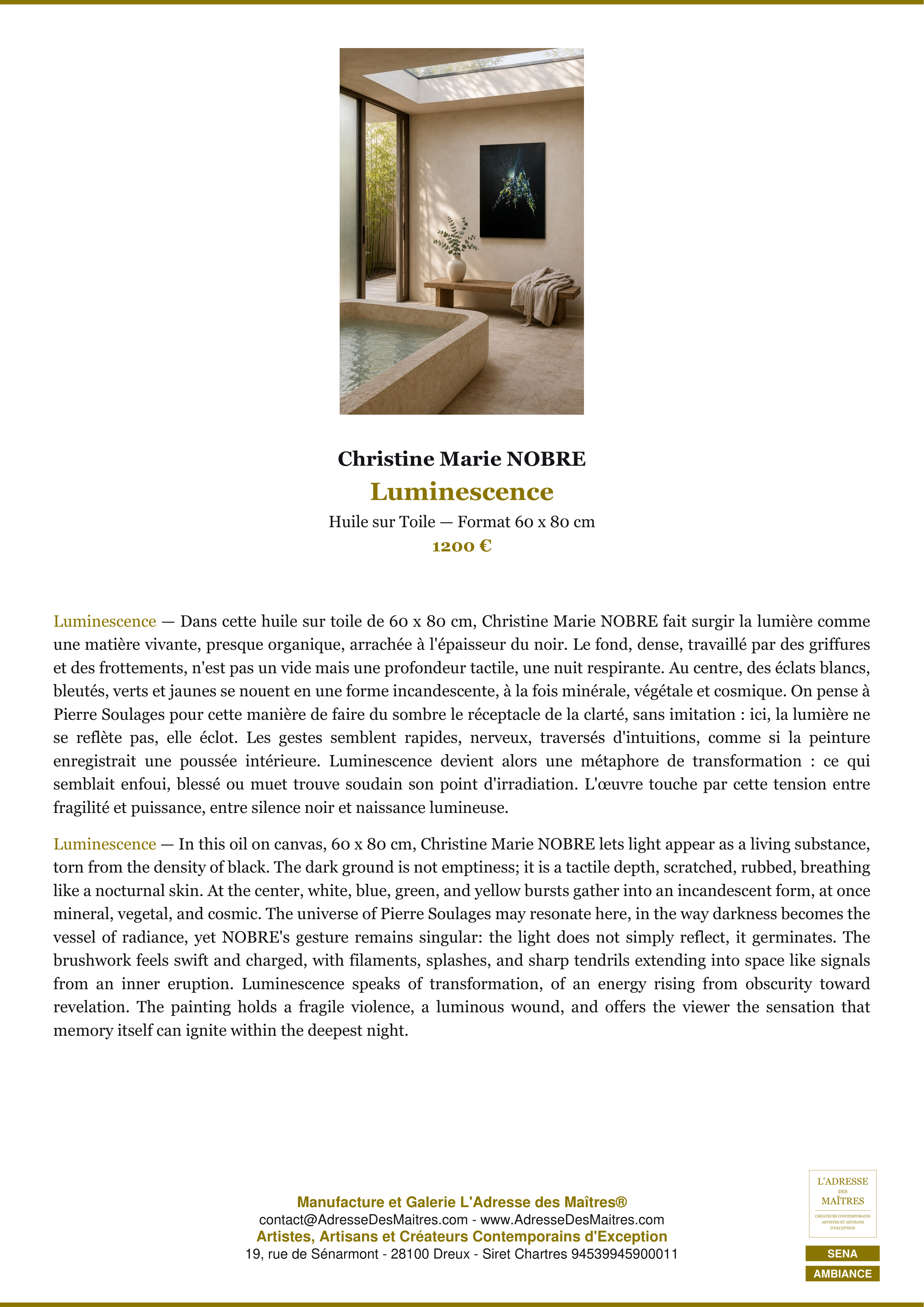 Fiche Premium Ambiance — Luminescence — Christine Marie NOBRE — L'Adresse des Maîtres®