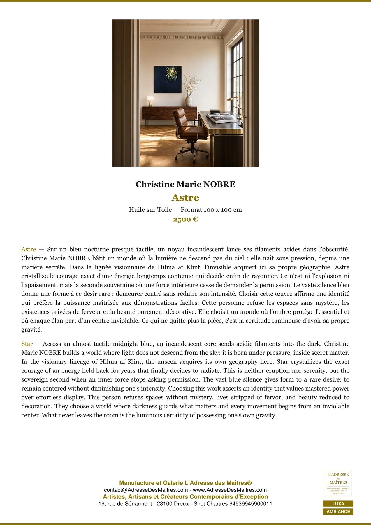 Fiche Premium Ambiance — Astre — Christine Marie NOBRE — L'Adresse des Maîtres®