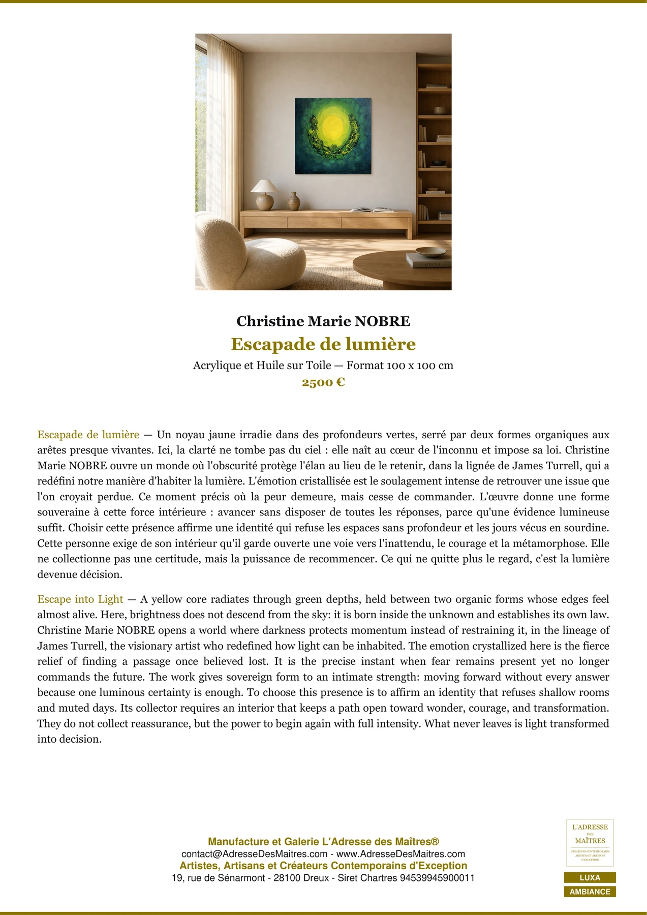 Fiche Premium Ambiance — Escapade de lumière — Christine Marie NOBRE — L'Adresse des Maîtres®