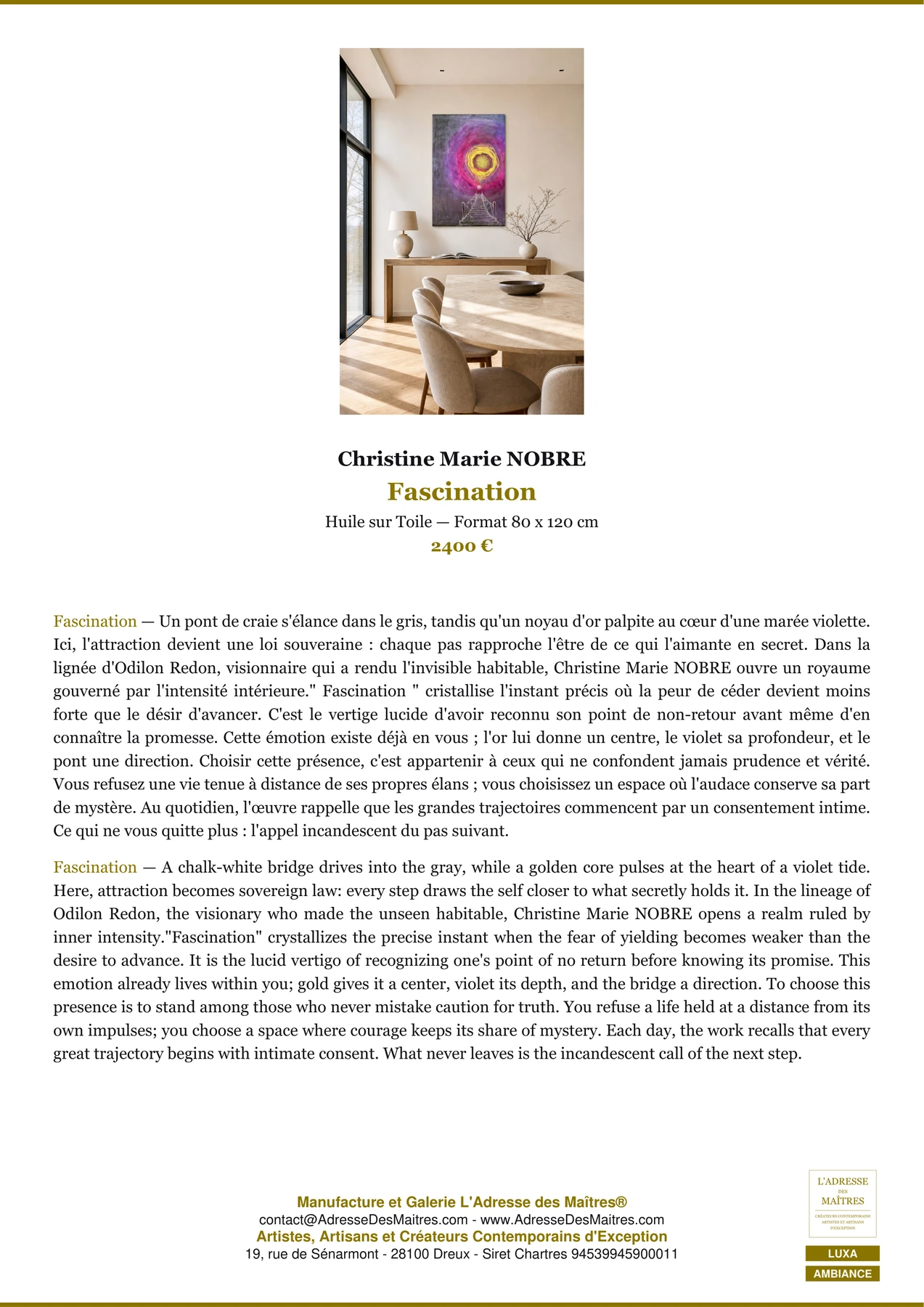 Fiche Premium Ambiance — Fascination — Christine Marie NOBRE — L'Adresse des Maîtres®