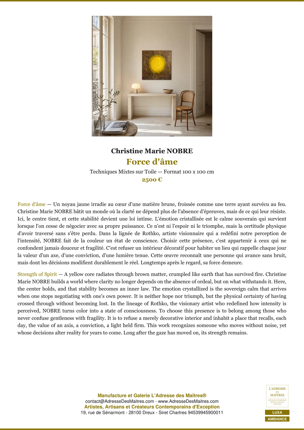 Fiche Premium Ambiance — Force d'âme — Christine Marie NOBRE — L'Adresse des Maîtres®