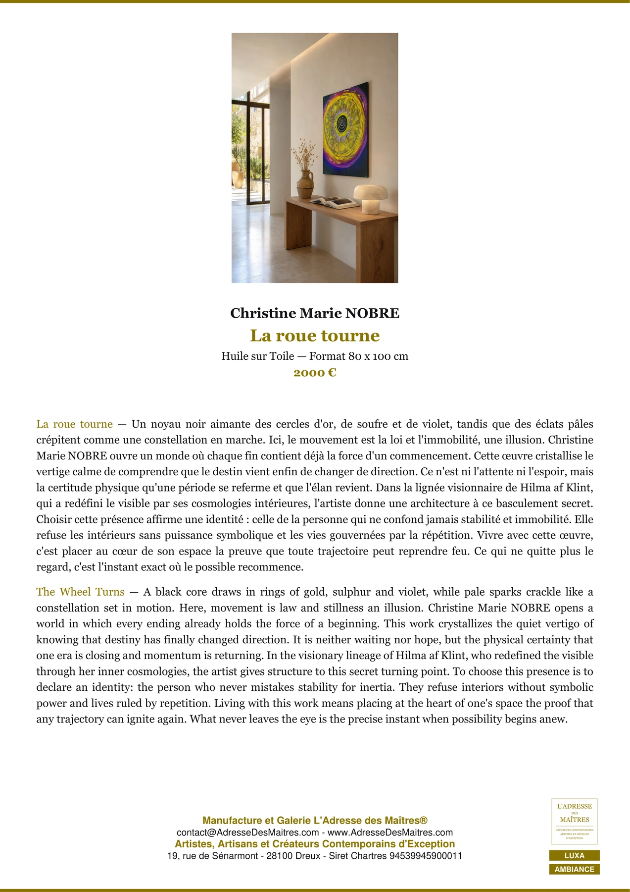 Fiche Premium Ambiance — La roue tourne — Christine Marie NOBRE — L'Adresse des Maîtres®