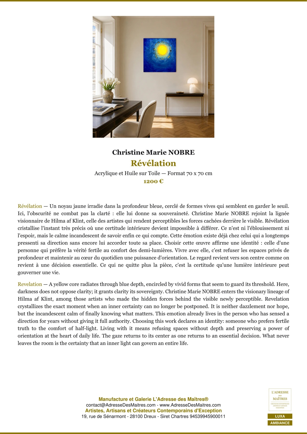 Fiche Premium Ambiance - Révélation - Christine Marie NOBRE - L'Adresse des Maîtres®
