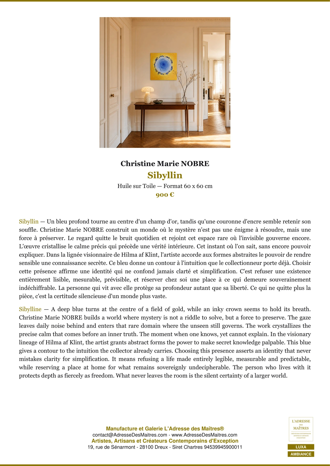 Fiche Premium Ambiance - Sibyllin - Christine Marie NOBRE - L'Adresse des Maîtres®