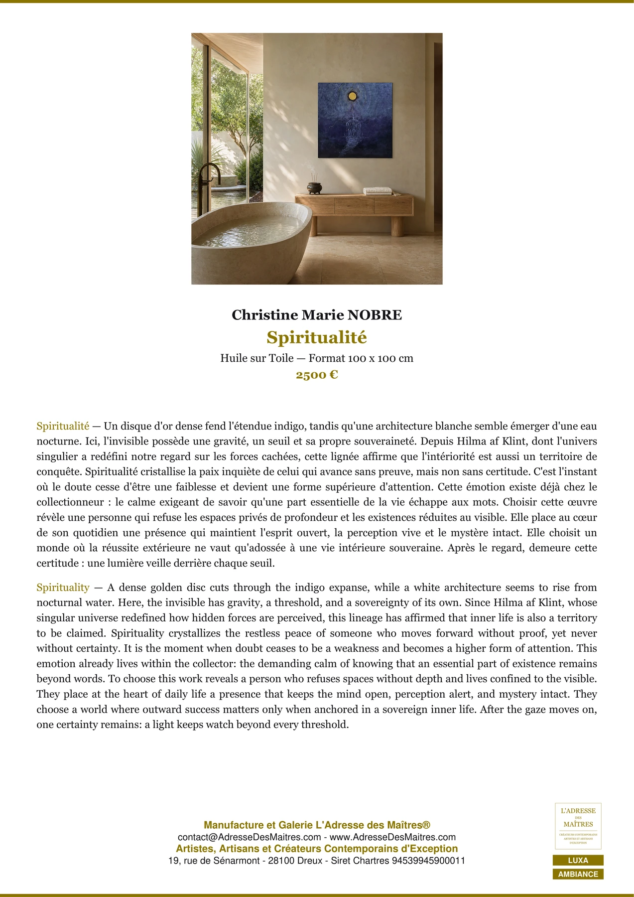 Fiche Premium Ambiance — Spiritualité — Christine Marie NOBRE — L'Adresse des Maîtres®