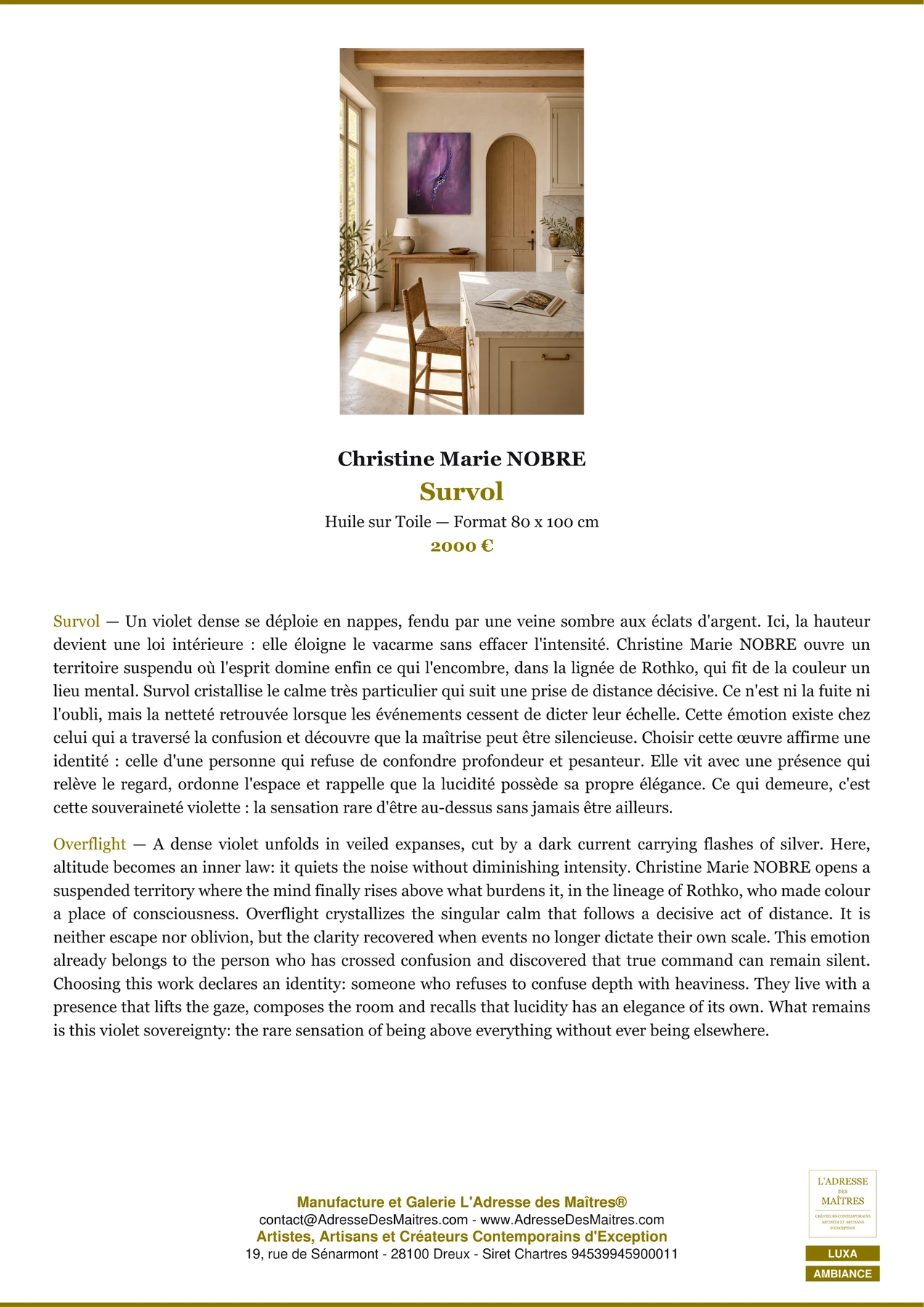 Fiche Premium Ambiance - Survol - Christine Marie NOBRE - L'Adresse des Maîtres®