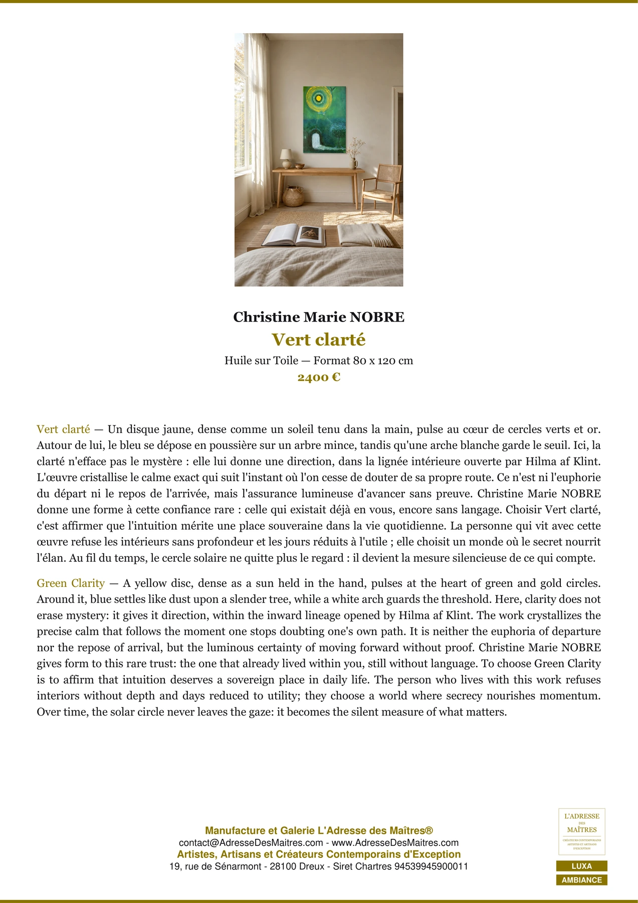 Fiche Premium Ambiance — Vert clarté — Christine Marie NOBRE — L'Adresse des Maîtres®