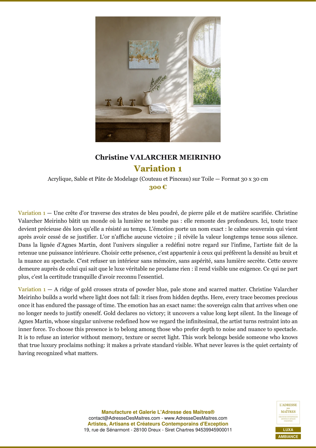 Fiche Premium Ambiance - Variation 1 - Christine VALARCHER MEIRINHO - L'Adresse des Maîtres®