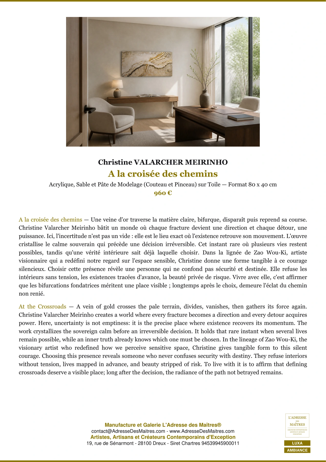 Fiche Premium Ambiance - A la croisée des chemins - Christine VALARCHER MEIRINHO - L'Adresse des Maîtres®