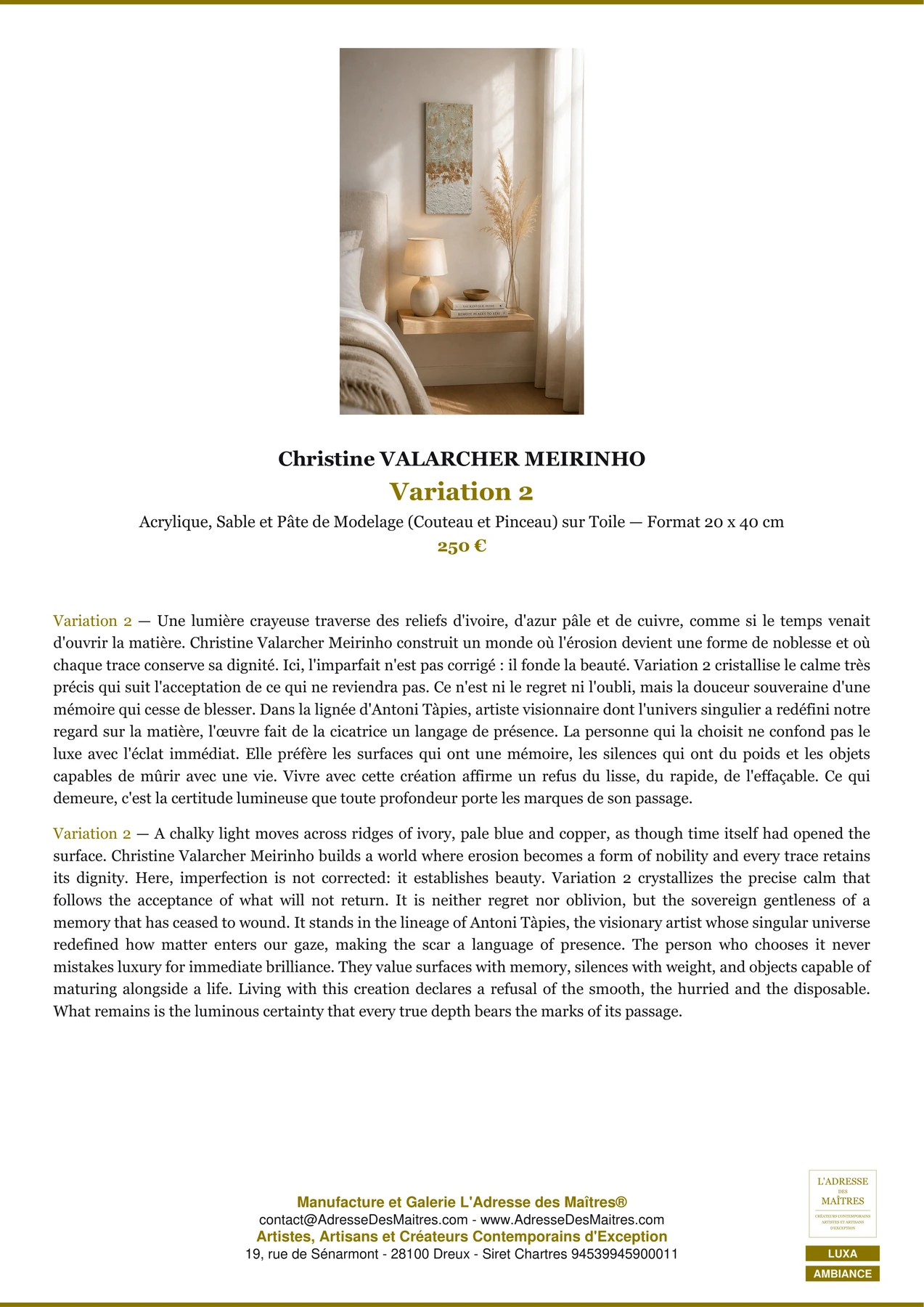 Fiche Premium Ambiance — Variation 2 — Christine VALARCHER MEIRINHO — L'Adresse des Maîtres®