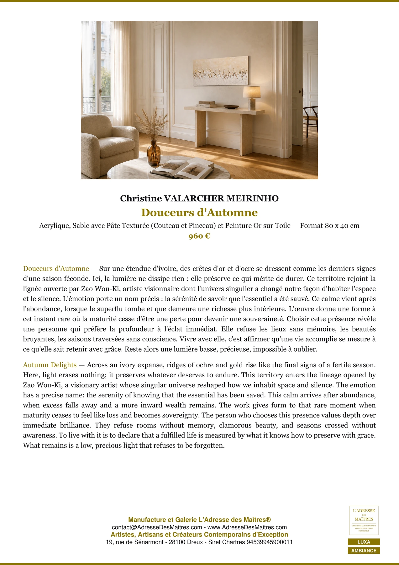 Fiche Premium Ambiance — Douceurs d'Automne — Christine VALARCHER MEIRINHO — L'Adresse des Maîtres®