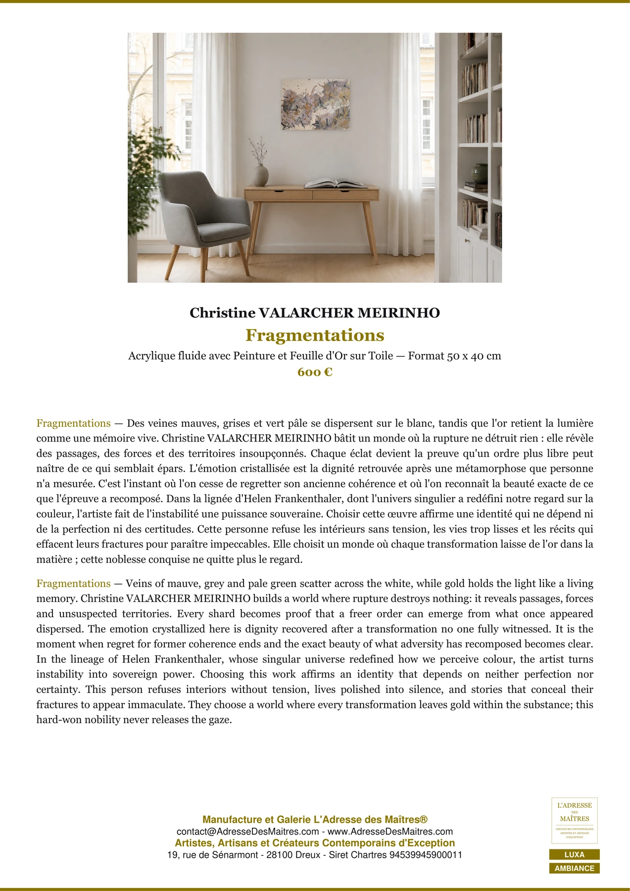 Fiche Premium Ambiance — Fragmentations — Christine VALARCHER MEIRINHO — L'Adresse des Maîtres®