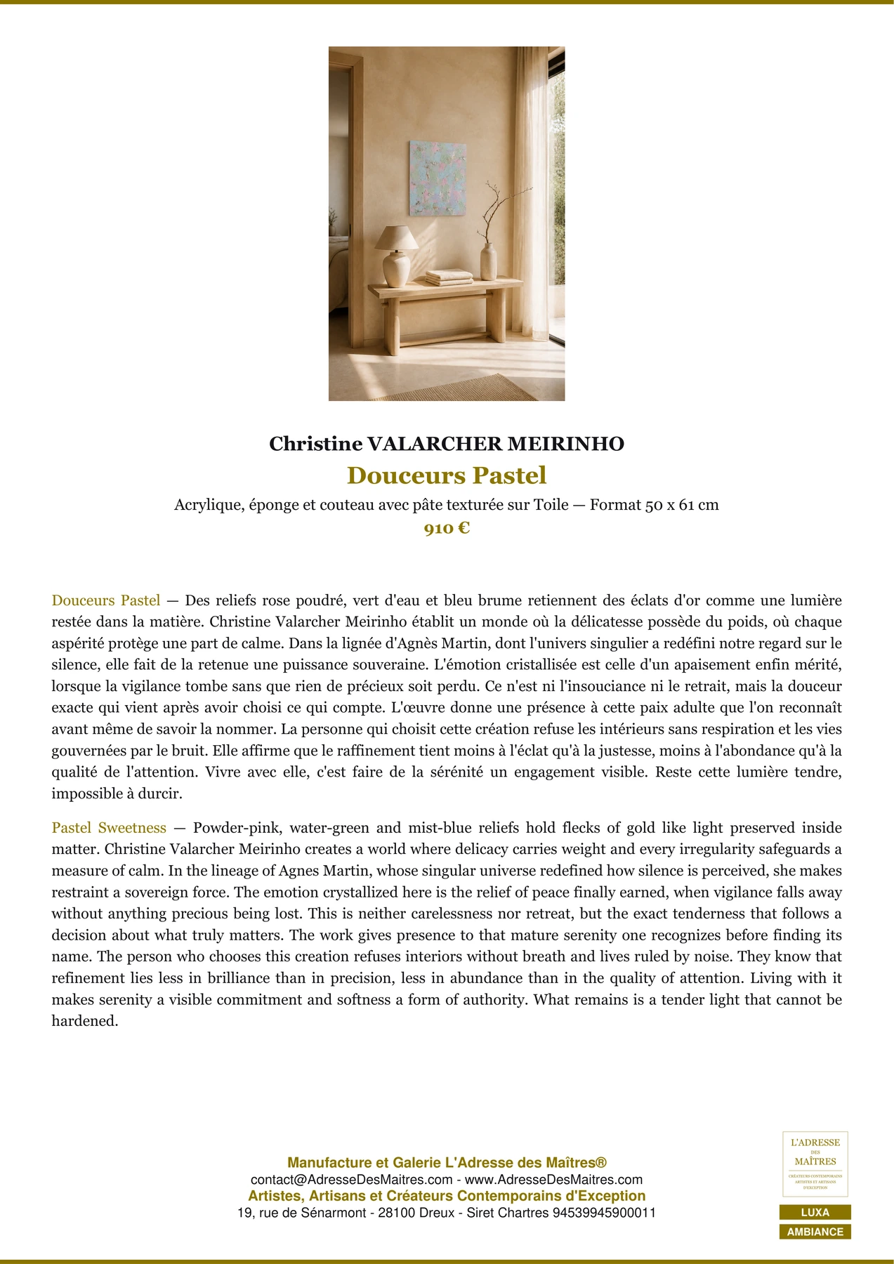 Fiche Premium Ambiance — Douceurs Pastel — Christine VALARCHER MEIRINHO — L'Adresse des Maîtres®