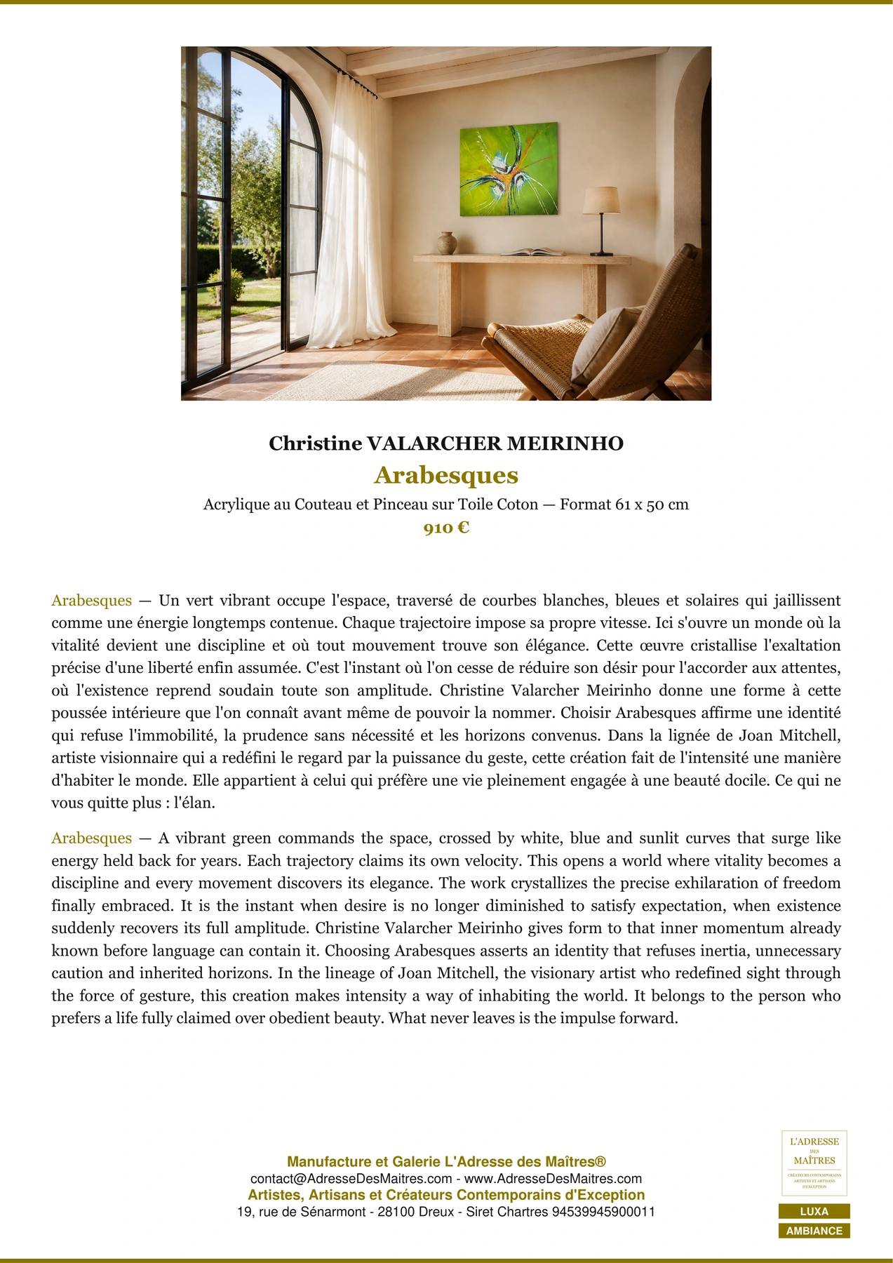 Fiche Premium Ambiance — Arabesques — Christine VALARCHER MEIRINHO — L'Adresse des Maîtres®