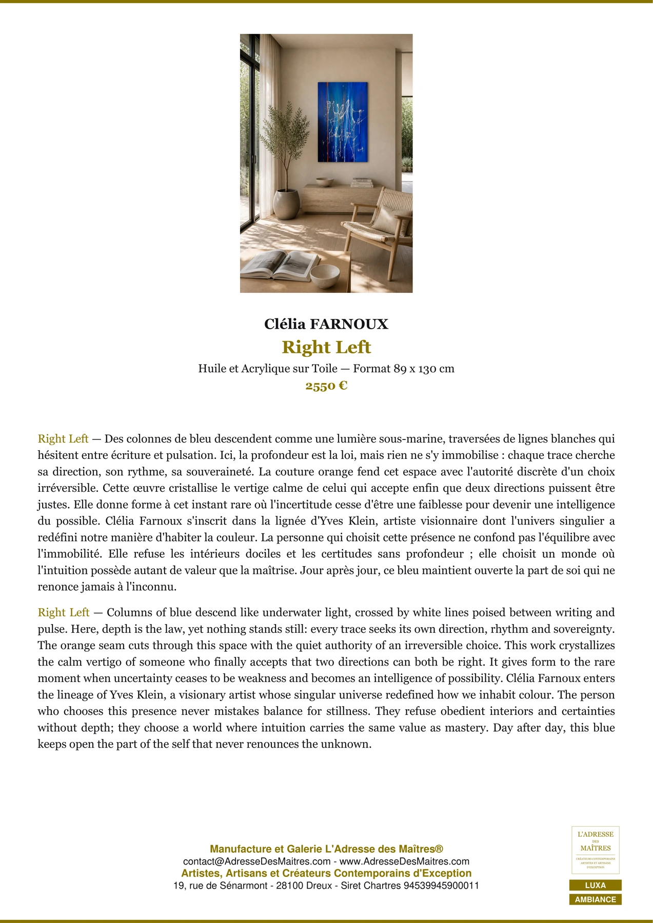 Fiche Premium Ambiance - Right Left - Clélia FARNOUX - L'Adresse des Maîtres®