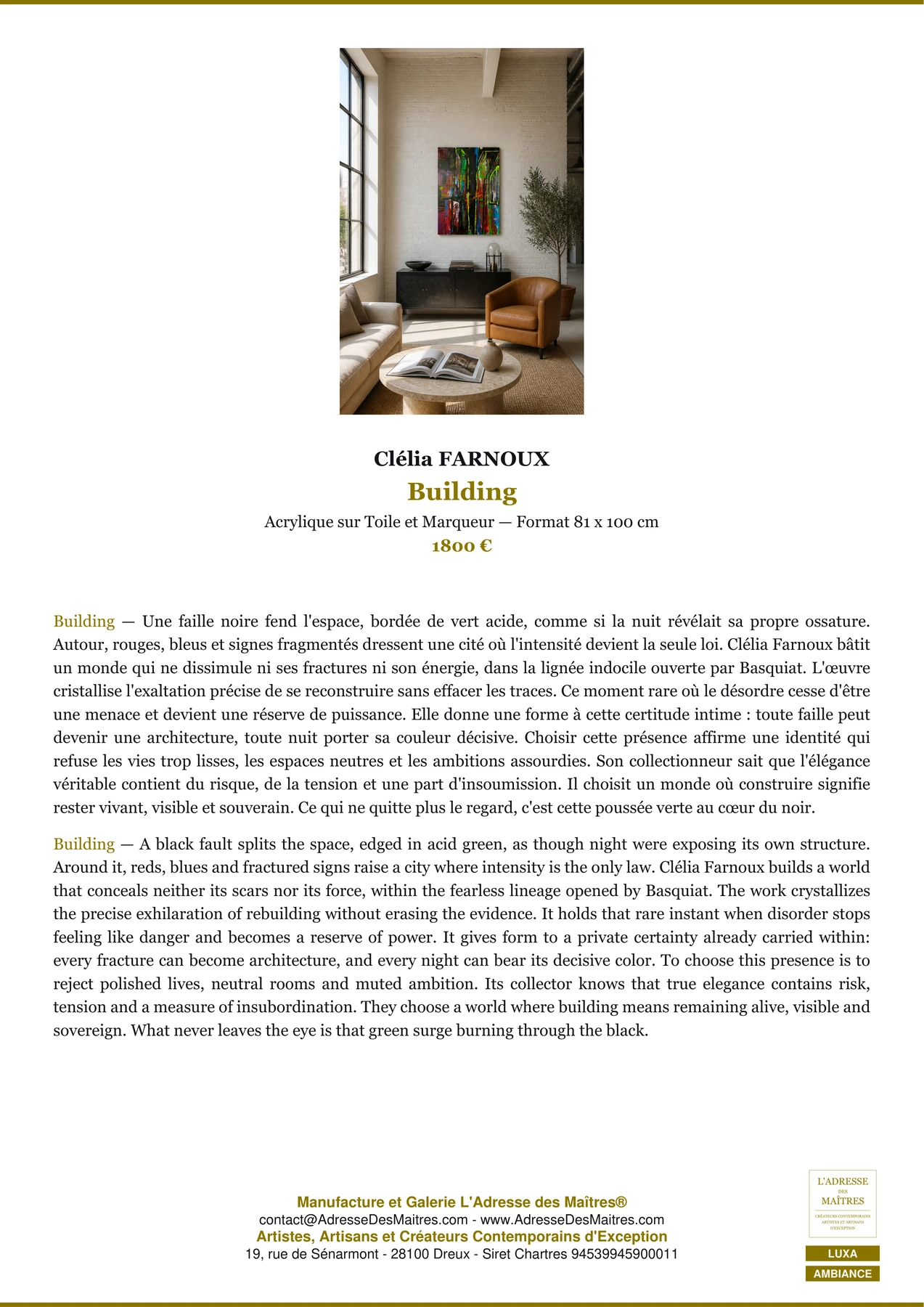 Fiche Premium Ambiance - Building - Clélia FARNOUX - L'Adresse des Maîtres®